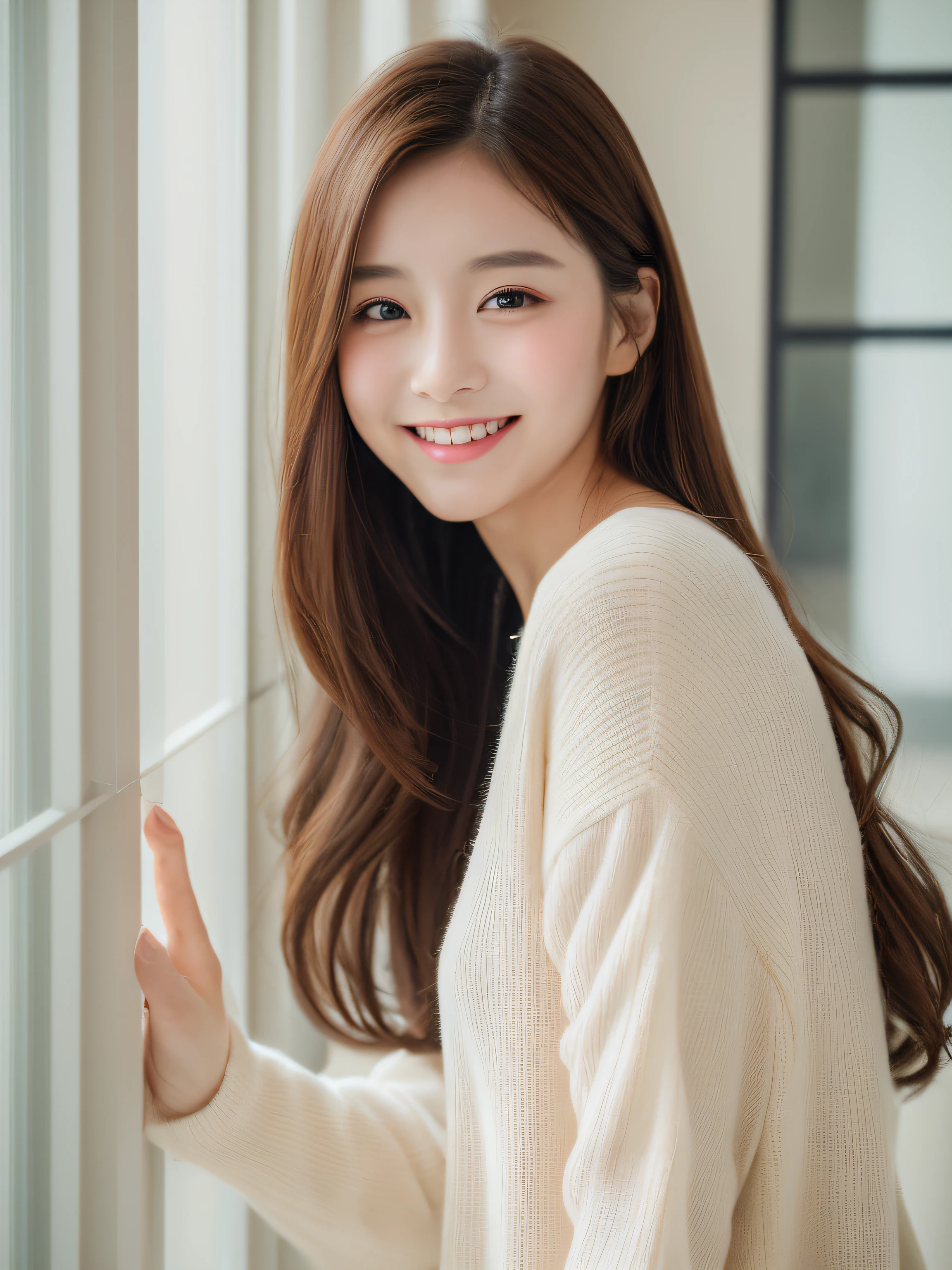 highest quality、8K、1 girl、beautiful woman、delicate eyes、double eyelid、laughter、length、casual clothes