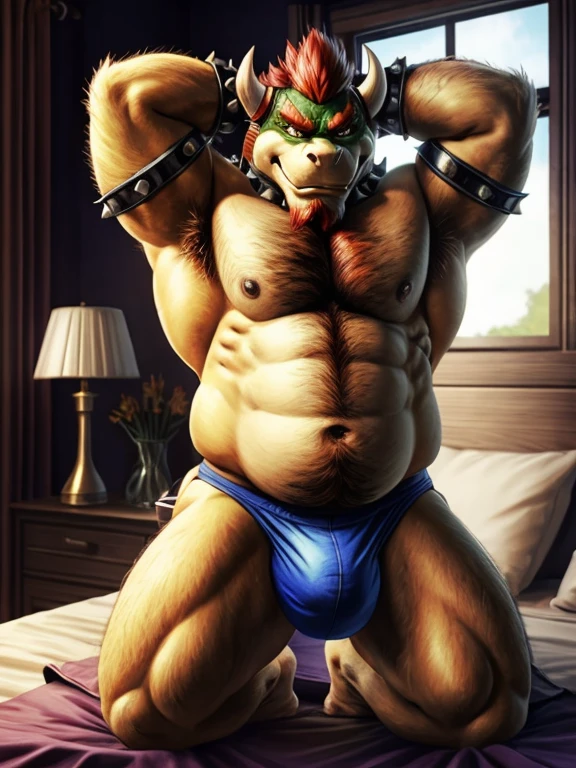 Bowser, beard, daddy, seductor, mirando al espectador, seductive smirk, pecs, big pecs, (posing) macho, masculine, male focus, chubby, fat, de cerca, frontal view, full body, bedroom, sweaty, hairy chest, hairy arms, hairy belly, hairy legs, hairy feet, big bulge, laying on bed,  grinding on pillow