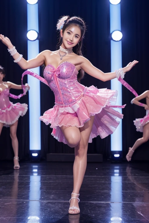 master piece、Ultra high resolution photo quality、cinematic camera work、Video of the entire stage、long shot、modern japanese strip theater、wide stage、wide seat、mature actress、Mayu Minami、long face、big droopy eyes、tear bag、thick eyebrows、flushed cheeks、familiarity、Funny Face、very beautiful Japanese female dancer、athlete、glamorous、very sexy、Very long and beautiful strong arms and legs and beautiful abs、Fair skin、Her fine skin is very beautiful、Sweat、beautiful bright smile、healthy、kind、Noble、refinement、kind、mild、raise one leg、active pose、yoga、gorgeous beautiful dress、Beautiful stage costumes、Dramatic and gorgeous beautiful lighting、Spotlight、Laser beam、smoke effect、clear acoustics、round table stage、body chain、Giant Mirror Ball、