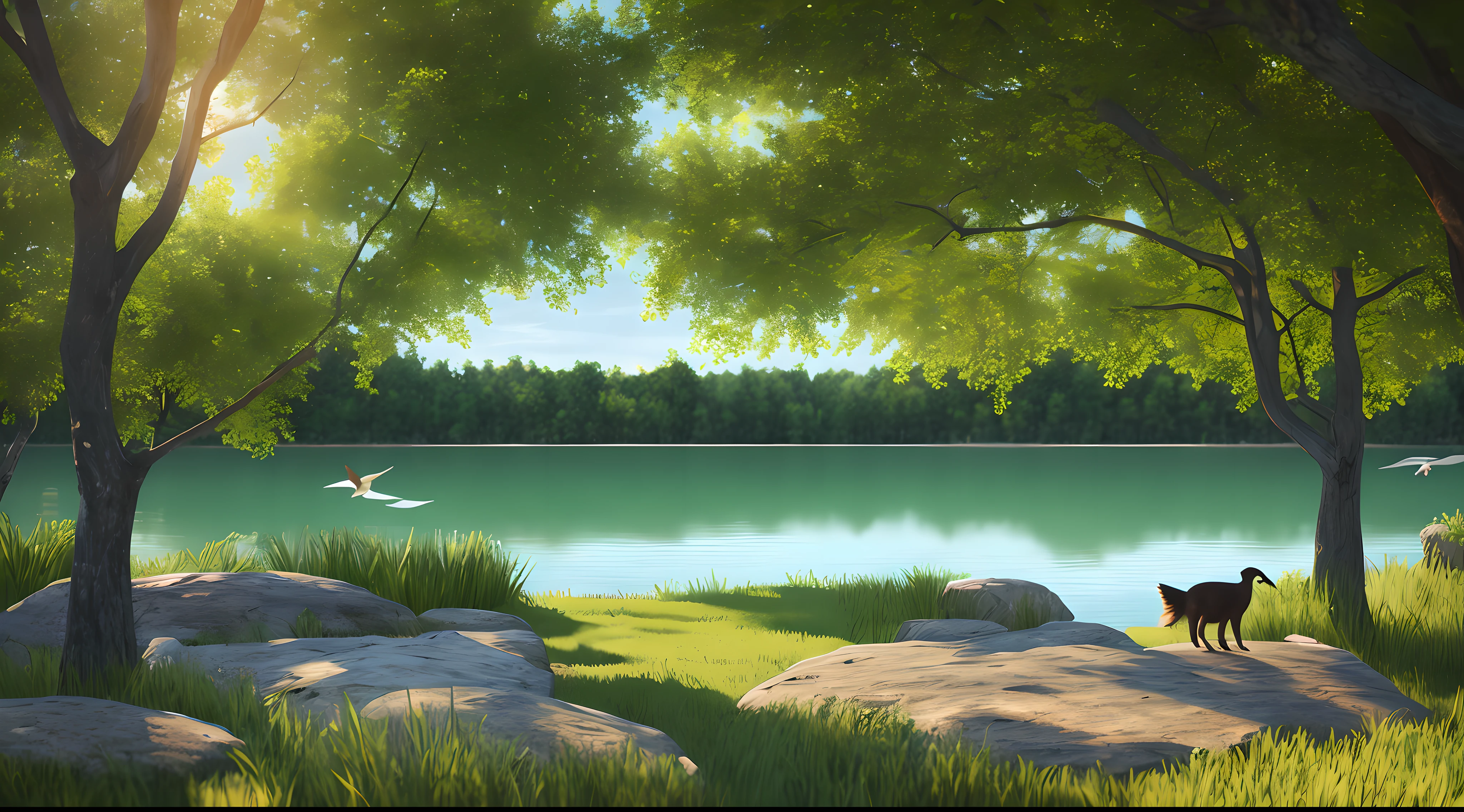 animals by the lake,birds flying, a quiet place, Very pleasant, aesthetic, calm, landscaped. photoactual, 8k ultra high definition, Studio quality, ultra actual, Maximum details, large scale, post processing, actual, photorealism, Photoshop, photography, detailed, Cinema lighting, landscape, panoramic, landscape, Ray tracing, Cinema 4D