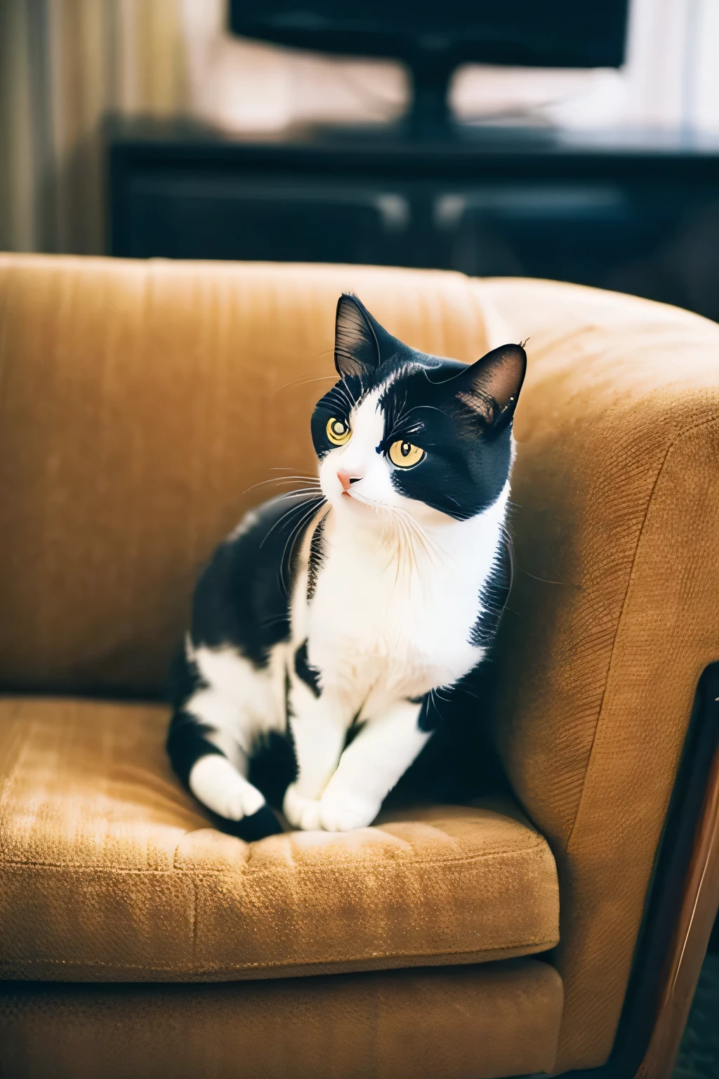 white, Brown, Black calico cat sitting alone with legs crossed on the sofa (There are 60 in the room&#39;space-like interior.)focus on cat&#39;face、close-up image