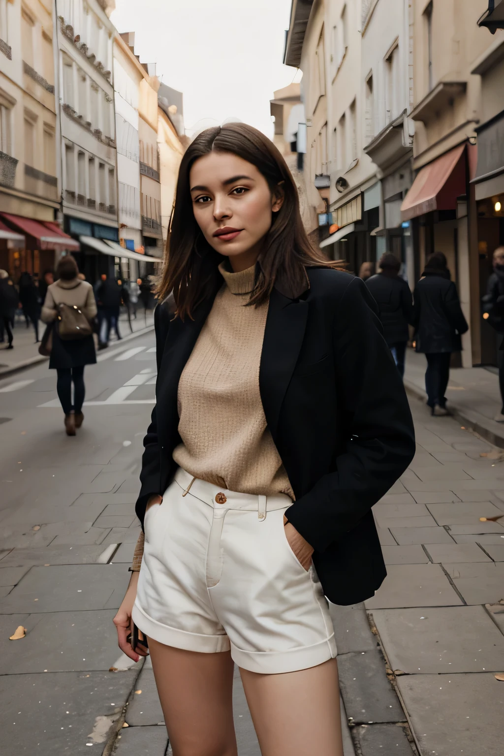 Maillard outfit，street photography，French streets，french woman，grace，The face is very delicate，Autumn and winter clothing，The mouth should not be too big，The scene is a bit big