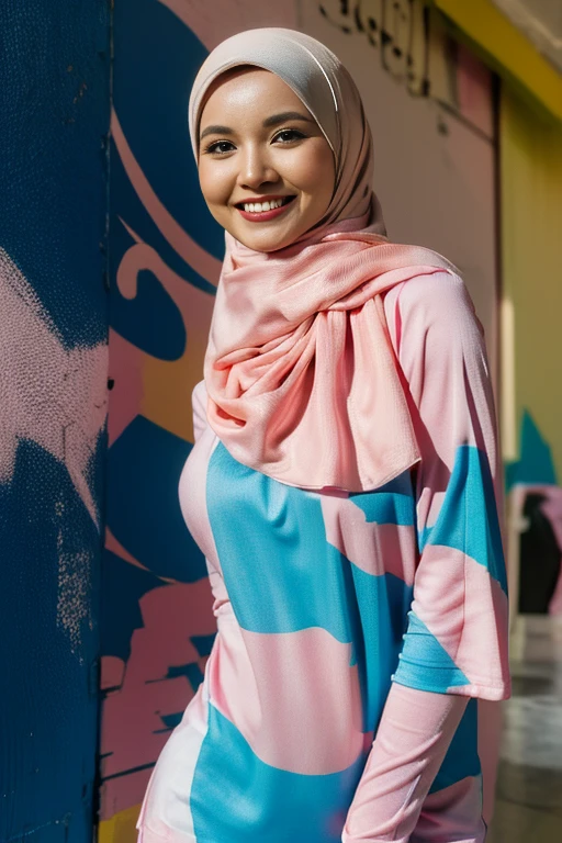 Digital drawing, brenizer effects, splash paint, young woman with smile face, modest bosom, over the shoulder pose, long pastel hijab with printed baju kurung, background digital art graffiti on black wall, ultra details any aspect of drawing, UHD 8K