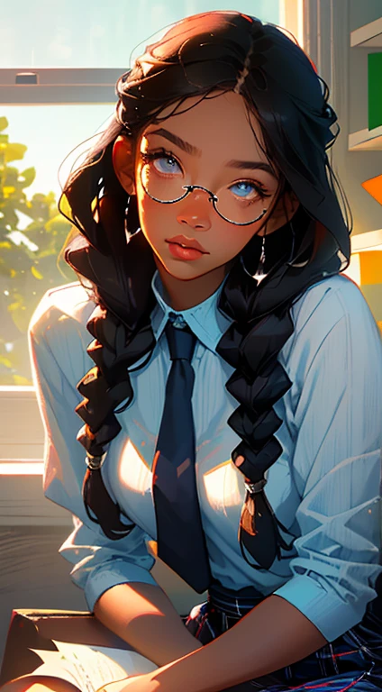 beautiful young woman, 2 long braids, thick bangs, dark hair, a lot of make-up, wearing round glasses, dark skin, portrait. face shot, long head, big nose, big lips, ebony skin, mischievous, blue eyes, wearing white shirt with blue necktie, blue plaid skirt, full body view, slim girl, , background has bookshelves, vase with flowers next to window with blue sky view, (natural skin textures、Hyper-Realism、Soft light、sharp)