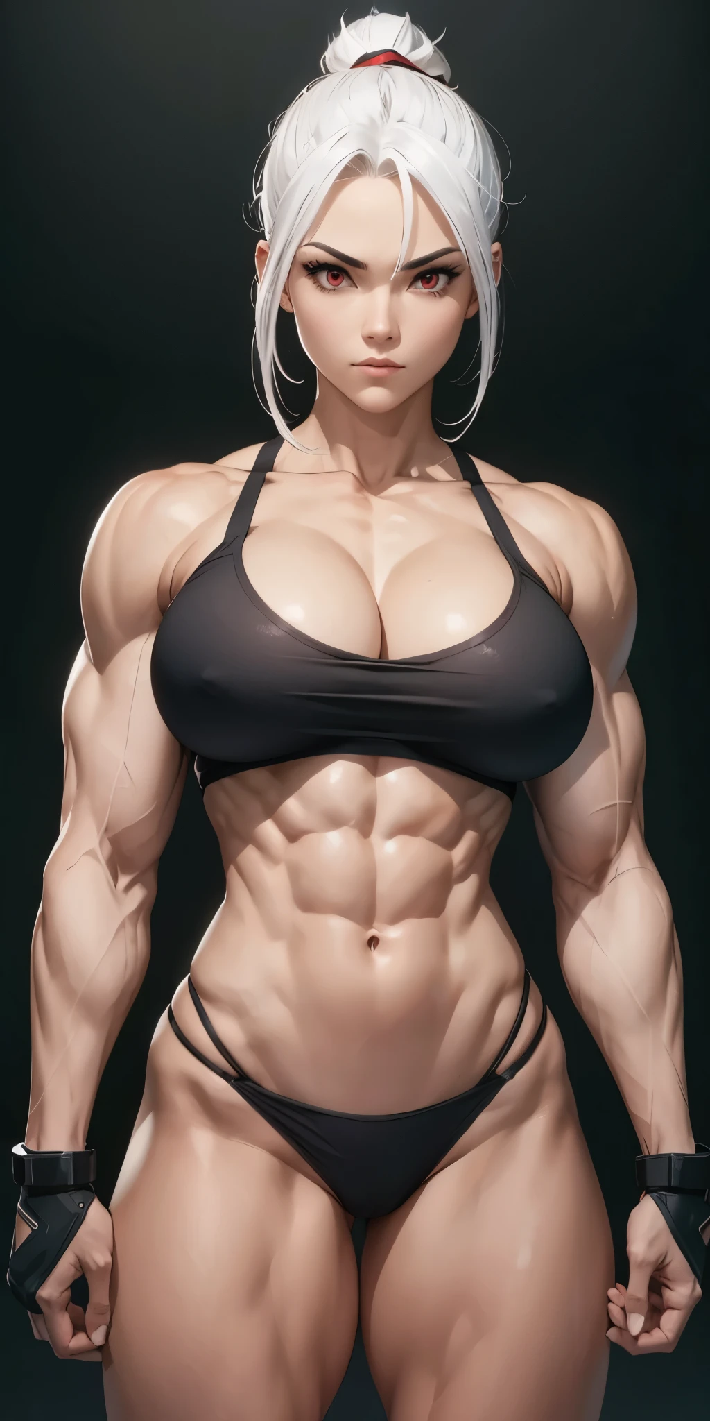 A determined and ambitious bodybuilder warrior, pretty face, serious face, white hair, red eyes, perfect body, fit body, abdomen, ???????????, muscular, who fights to become the strongest