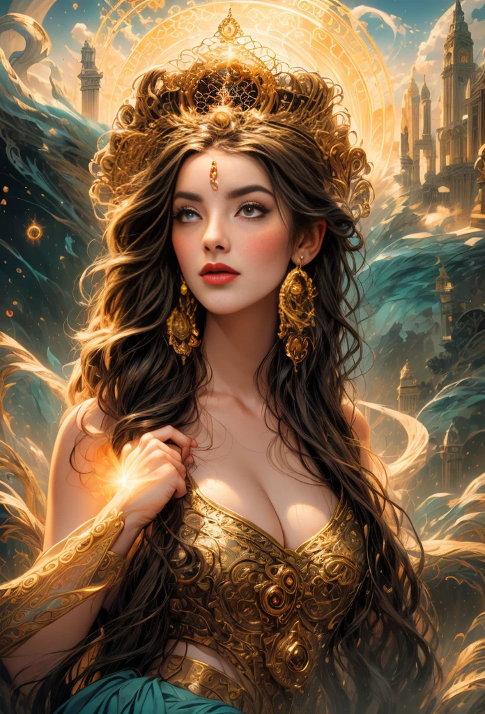 um retrato de(( uma mulher cigana )) cabelos longos negros e cacheados enfeitados com rosas, a mais bela das mulheres, olhos verdes sedutores, in high definition, em 8K, de 18 anos, Deusa do Mar, Deusa do Oceano, Luthien, arte de deusa, Deusa da mitologia grega, Deusa da Lua, Deusa do amor e da paz, deusa bonito, Mitologia da Deusa da Terra, The Mother Goddess, Um retrato impressionante de uma deusa, Frank Kelly Freas, Estilo Karol Bak, ((beautiful face)), Ultra Definition, melhor qualidade, 32k ultra , Ultra HD