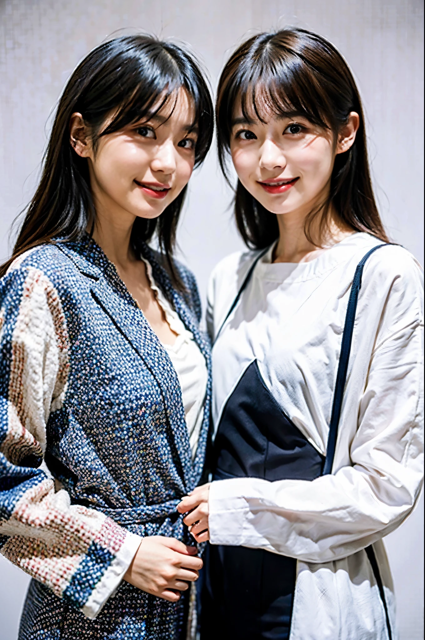 Two women standing next to each other in front of a white wall - SeaArt AI