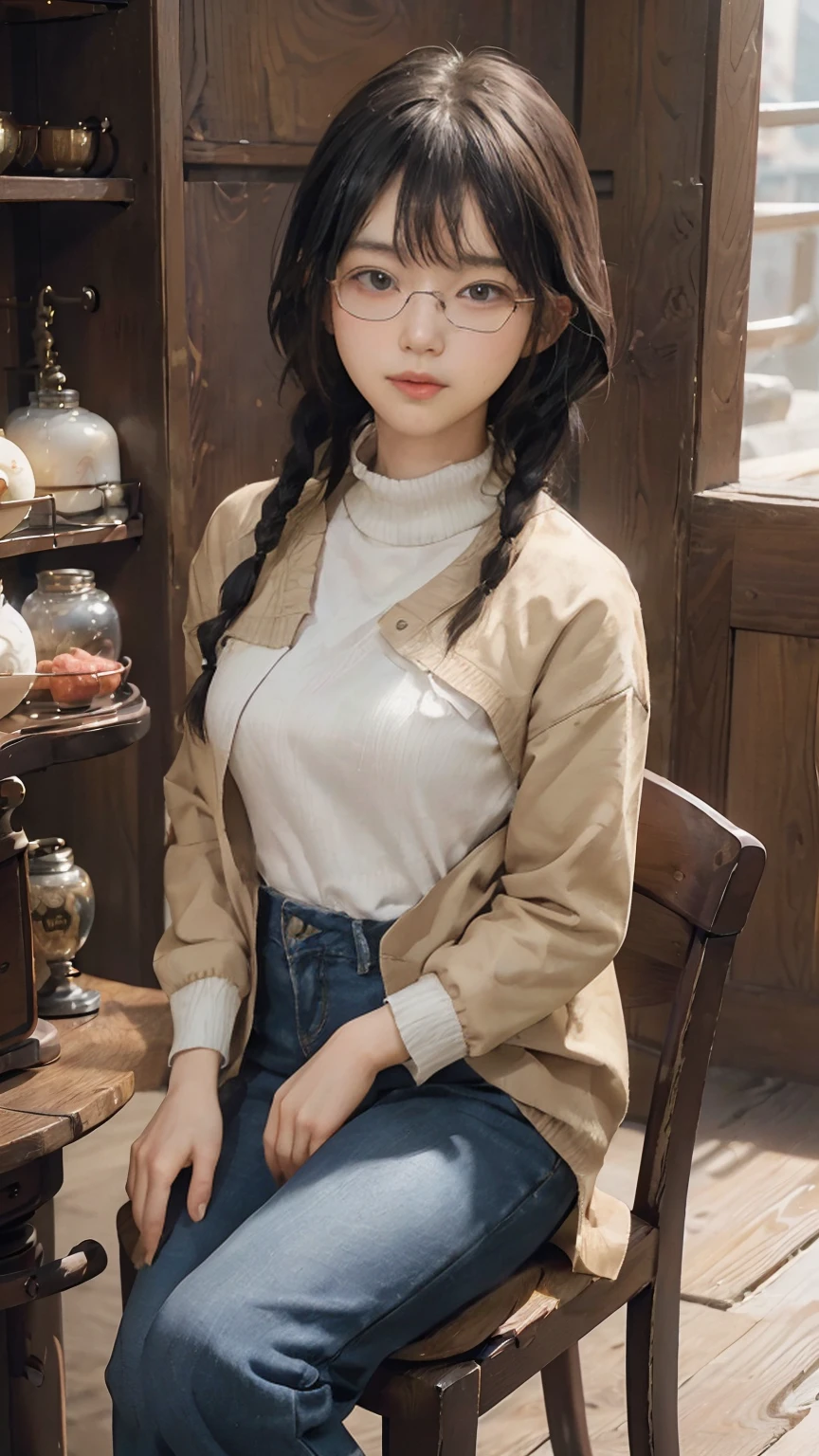 masterpiece, highest quality, one woman, Japanese people in their 20s, (black hair, very short hair, two braids, curly hair, With bangs), (symmetrical beauty, small face, sharp outline, thick eyebrows, dark eyebrows, realistic eyes, double eyelid, droopy eyes, small nose, thick lips, close your mouth), (smile, shy smile), (glasses, 縁が薄いglasses, 小さいglasses, レンズが小さいglasses, square lens), (wheat-colored skin, realistic skin texture, I cup breasts, Slightly plump body type), (jacket:long beige coat, inside:black turtleneck sweater, pants:dark blue long jeans, brown long boots), (sitting, on the chair, Show the whole body, Even the shoes are shown), The background is a Western-style cafe, (face directly toward the camera, looking directly at the viewer, looking at the camera, The whole body is facing towards the viewer., whole body facing towards the camera, face looks straight into the camera).