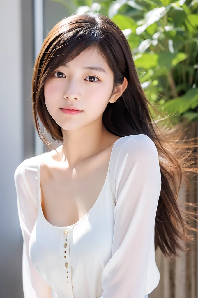 Please generate images using dall-3.。 high resolution、japanese woman、16 years old、hair length up to chest、eyes are a little big、The eyes are a little far apart、the mouth is rather small、wearing a white blouse、Bust-up composition