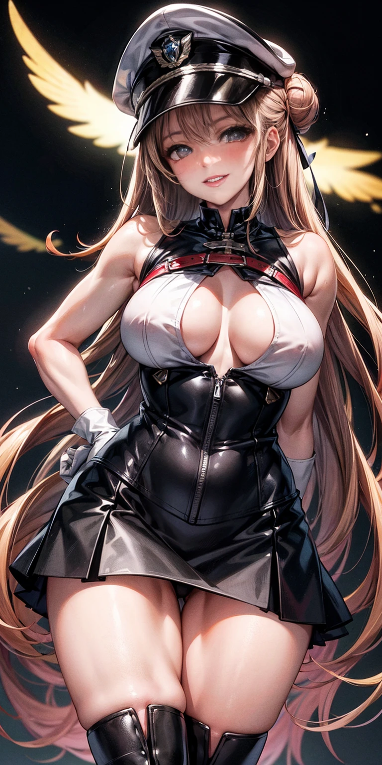 a woman standing at a symmetrical low angle, from below, barefoot, smiling lustfully with red blush, hands on hips, big knockers masterpiece,best quality, 1girl, solo, dark, night, crazy smile, looking at viewer, standing, black background, cowboy shot, arms behind back, medb \(fate\), peaked cap, red thigh boots, black skirt, military uniform, white gloves, hair bun,