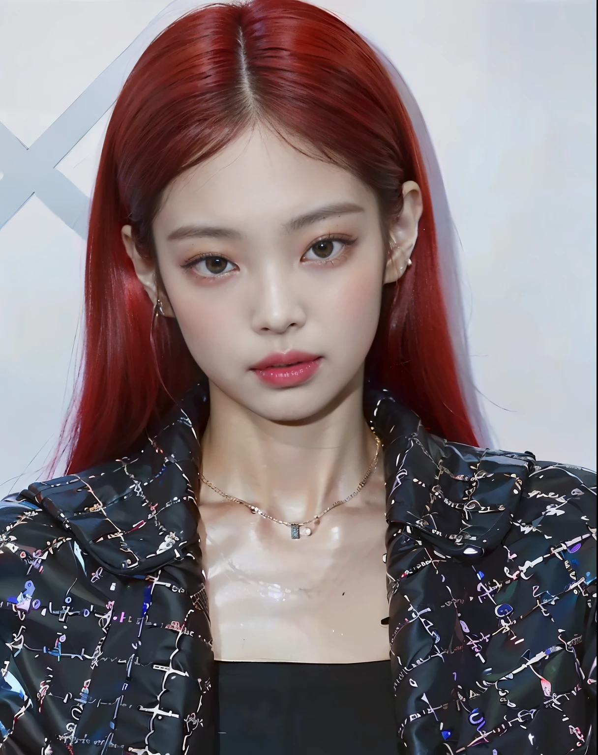 a woman Con cabello rojo and a black top posing for a picture, portrait of jossi de blackpink, jossi de blackpink, jennie rosa negro, parque roseanne de blackpink, dyed red hair, retrato de jisoo rosa negro, crimson crimson red hair, Con cabello rojo, strong tono rojo, ella tiene el cabello rojo, color rojo, tono rojo, demasiado rojo, Jisoo de Blackpink