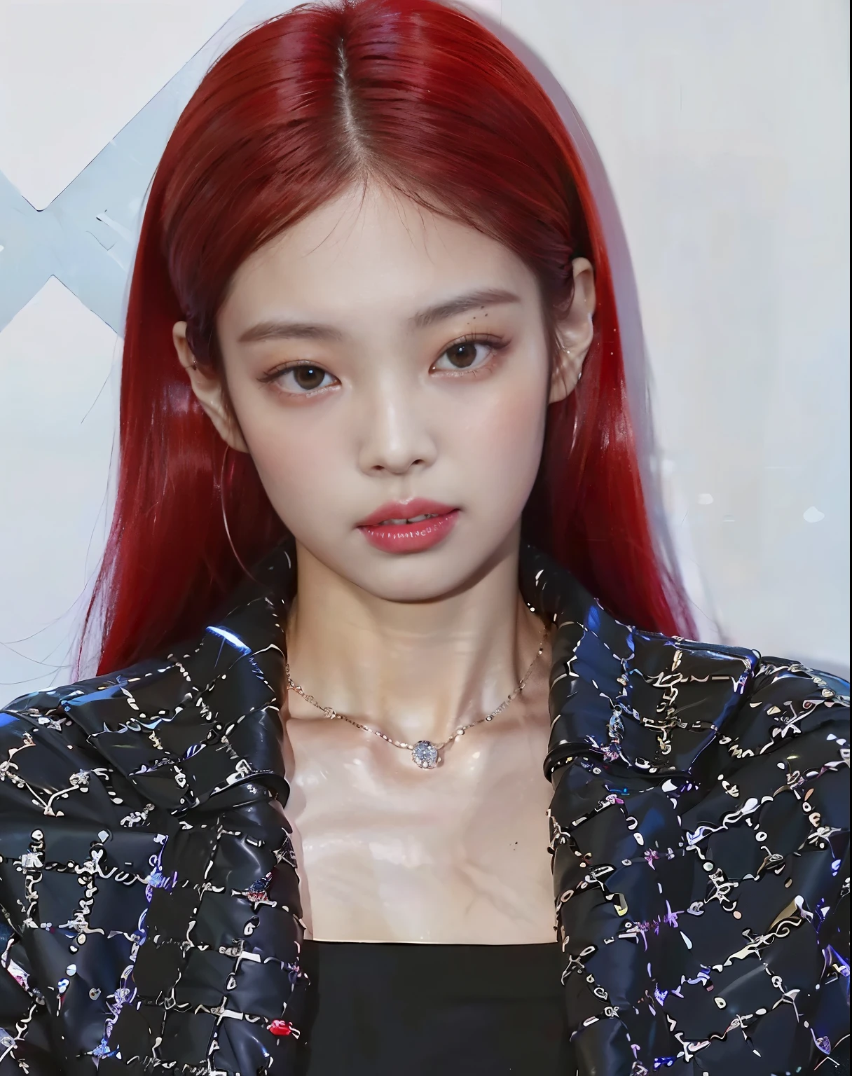 a woman Con cabello rojo and a black top posing for a picture, portrait of jossi de blackpink, jossi de blackpink, jennie rosa negro, parque roseanne de blackpink, dyed red hair, retrato de jisoo rosa negro, crimson crimson red hair, Con cabello rojo, strong tono rojo, ella tiene el cabello rojo, color rojo, tono rojo, demasiado rojo, Jisoo de Blackpink