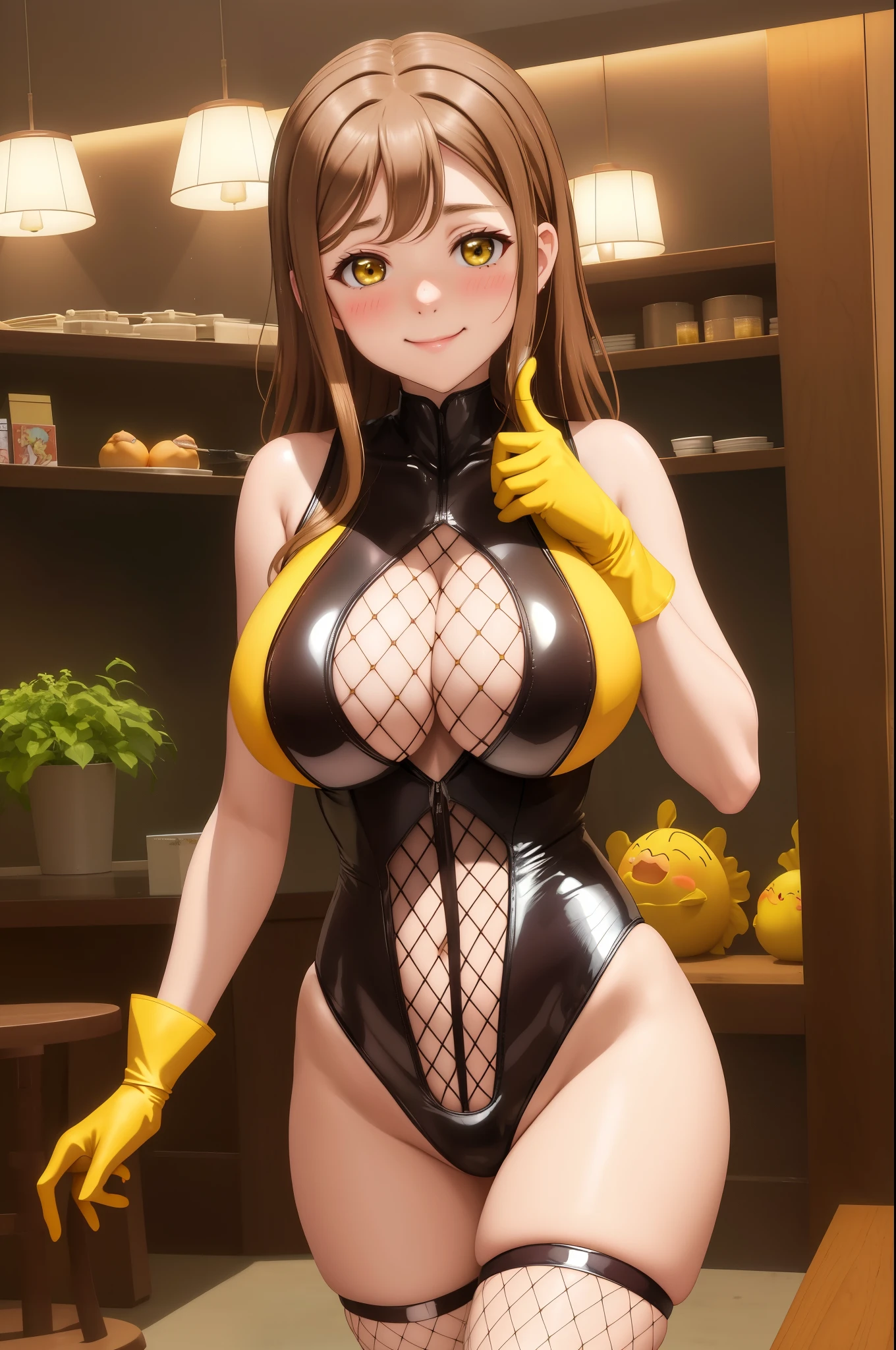 masterpiece, best quality, (kunikida hanamaru:0.999), (long hair:0.888), (breasts:0.878), (brown hair:0.875), (looking at viewer:0.699), (gigantic breasts:1.0),  Blush, Closed mouth, fishnet bodysuit, yellow tight leotard, gloves, thighs, sleeveless, embarrassed smile, standing,  cleavage cutout 