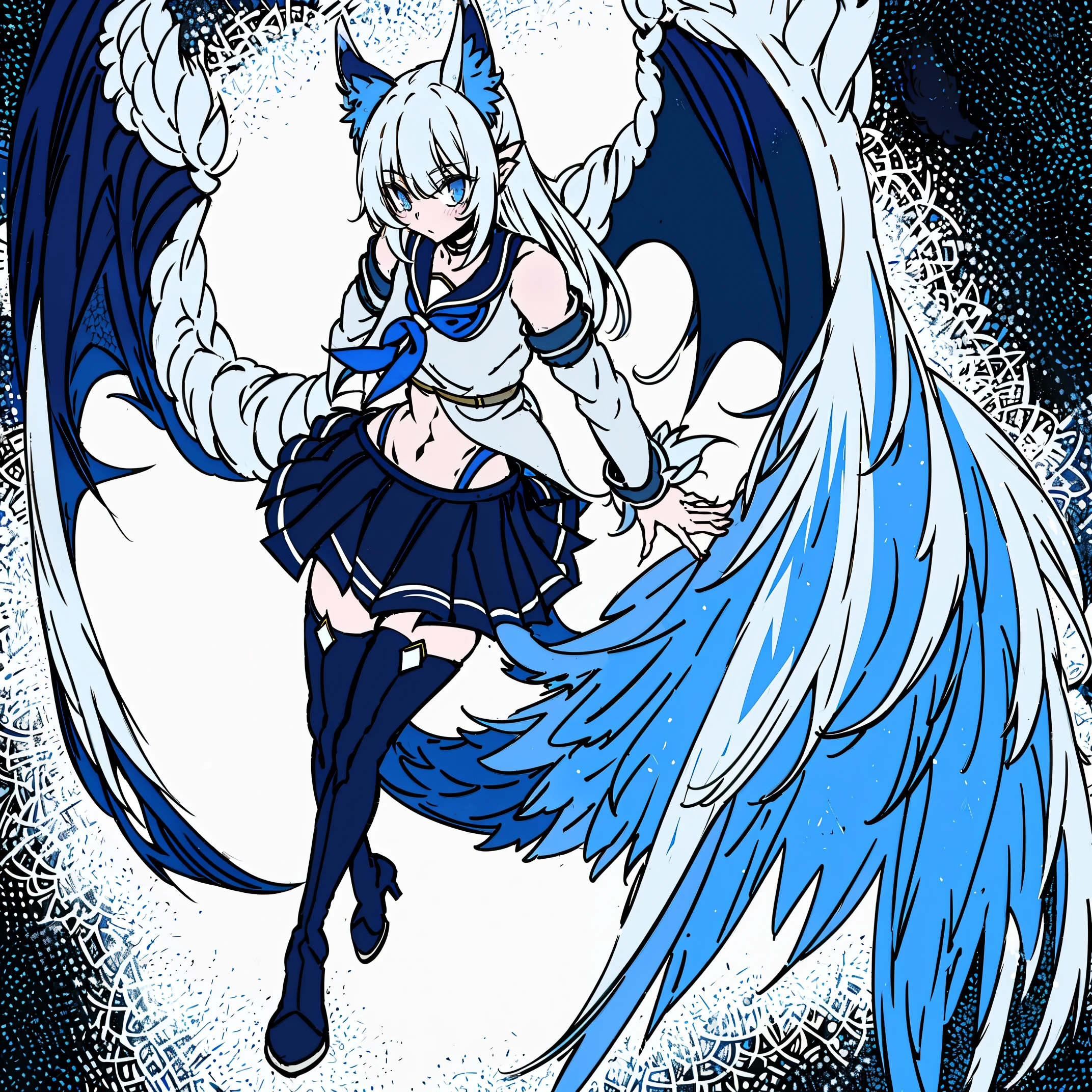 8k, resolution, high quality, high resolution, best quality, extremally detailed, best resolution, absurd resolution, ray tracing, high detailed, masterpiece, extremely detailed,shoulder length white hair, female,2 white wolf ears, teenage girl, slim body, white scale dragon tail,black boots,black leggings, navel blue school skirt, sailor shirt, white jacket, medium size chest, detailed blue eyes, detailed beautiful face,solo female,1 dragon tail, detailed eyes, tomboyish