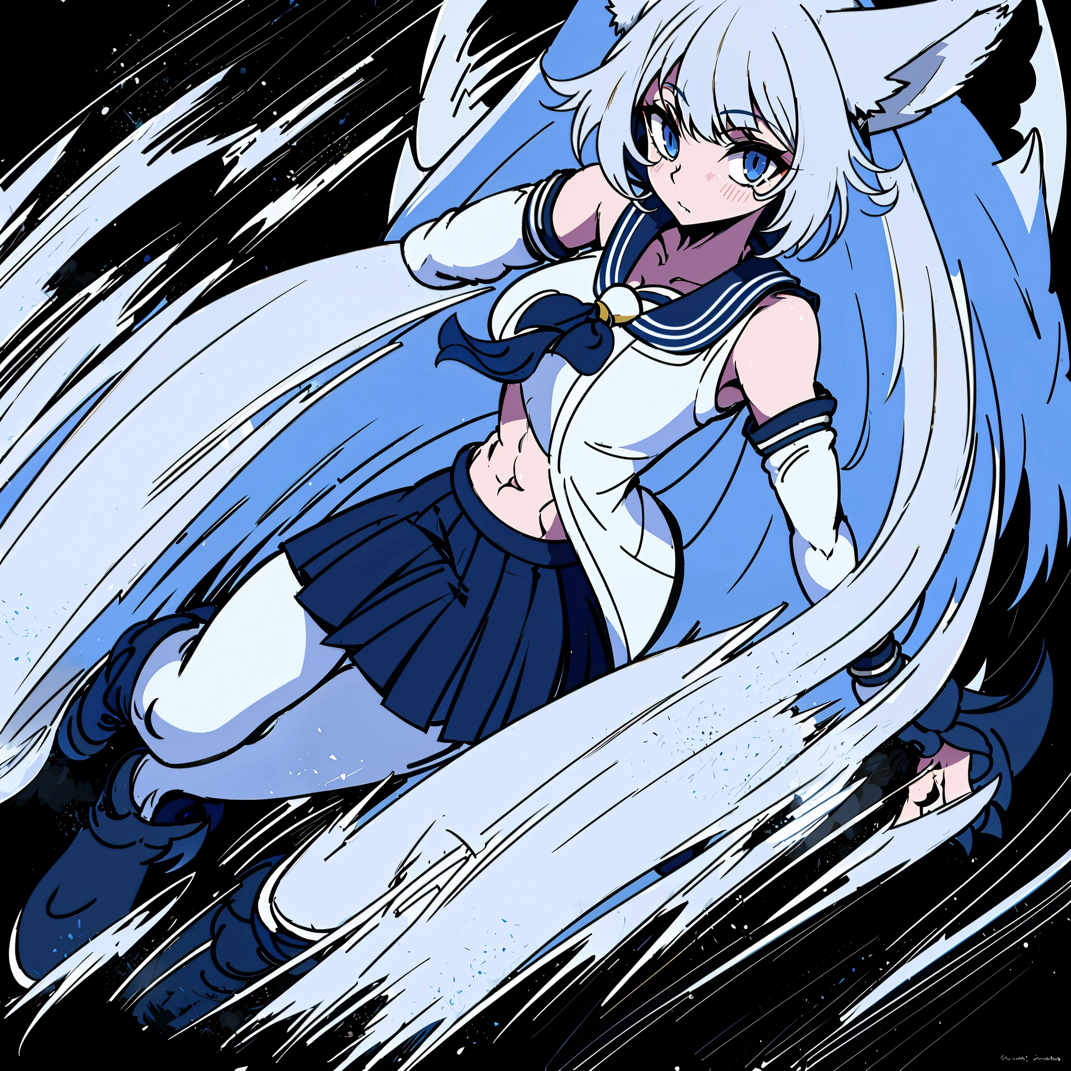 8k, resolution, high quality, high resolution, best quality, extremally detailed, best resolution, absurd resolution, ray tracing, high detailed, masterpiece, extremely detailed,shoulder length white hair, female,2 white wolf ears, teenage girl, slim body, white scale dragon tail,black boots,black leggings, navel blue school skirt, sailor shirt, white jacket, medium size chest, detailed blue eyes, detailed beautiful face,solo female,1 dragon tail, detailed eyes, tomboyish