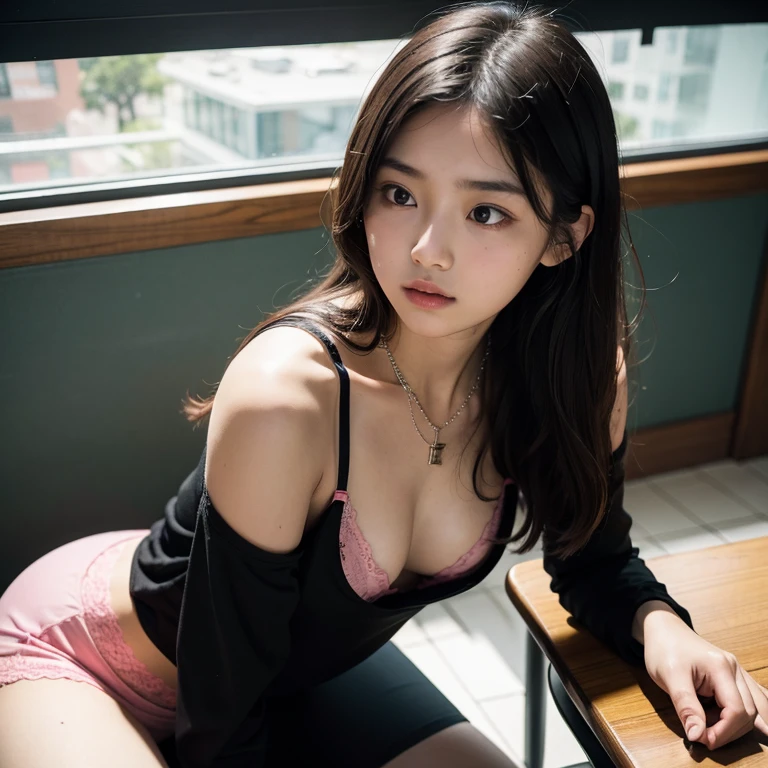 1 girl, downblouse, ************, munechira, small breasts, small tits, sitting in a chair, looking away, Expressionless,  long sleeves black shirt  BREAK ,plus  decolated detailed pink bra within , view from side, Upper body, classroom, necklace ,leaning forward