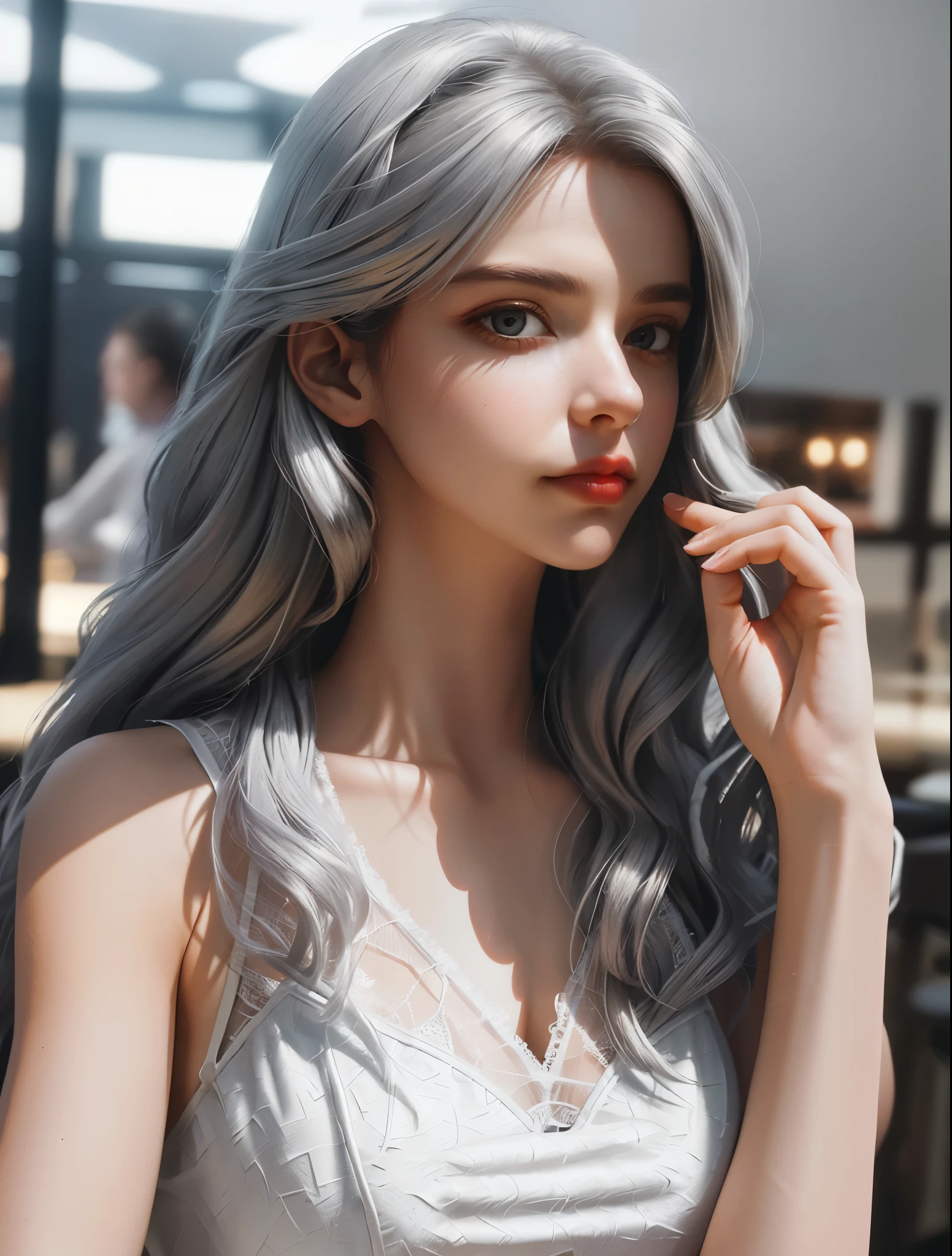 (Extreme Detail CG Unity 8K wallpaper, masterpiece, highest quality), (Exquisite lighting and shadow, highly dramatic picture, Cinematic lens effect), a beautiful girl in a white Spider-Man costume, white lingerie, silver gray hair color, long hair, from the Spider-Man parallel universe, Wenger, Marvel, Spider-Man, on the restaurant, very beautiful face, dynamic pose), (excellent detail, excellent lighting, wide angle), (excellent rendego on restaurant, enough to stand out in its clasocus on white Spider-Man costumes, complex spider textures
