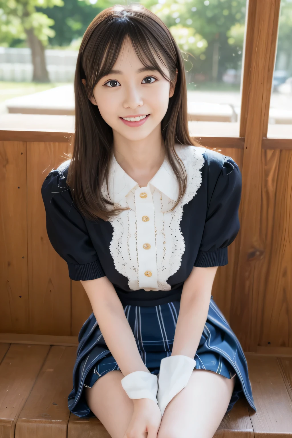 8K RAW photo、High resolution、18 year old Japanese、beautiful eyes、drawn in detail、long eyelashes、beautiful double eyelids、eyeliner、narrow eyes、elongated eye shape、Sansakumaru'Legally thin and beautiful thighs、Random long hair、laughter、girly style costume mini skirt、cowboy shot、black stockings、bite a straw