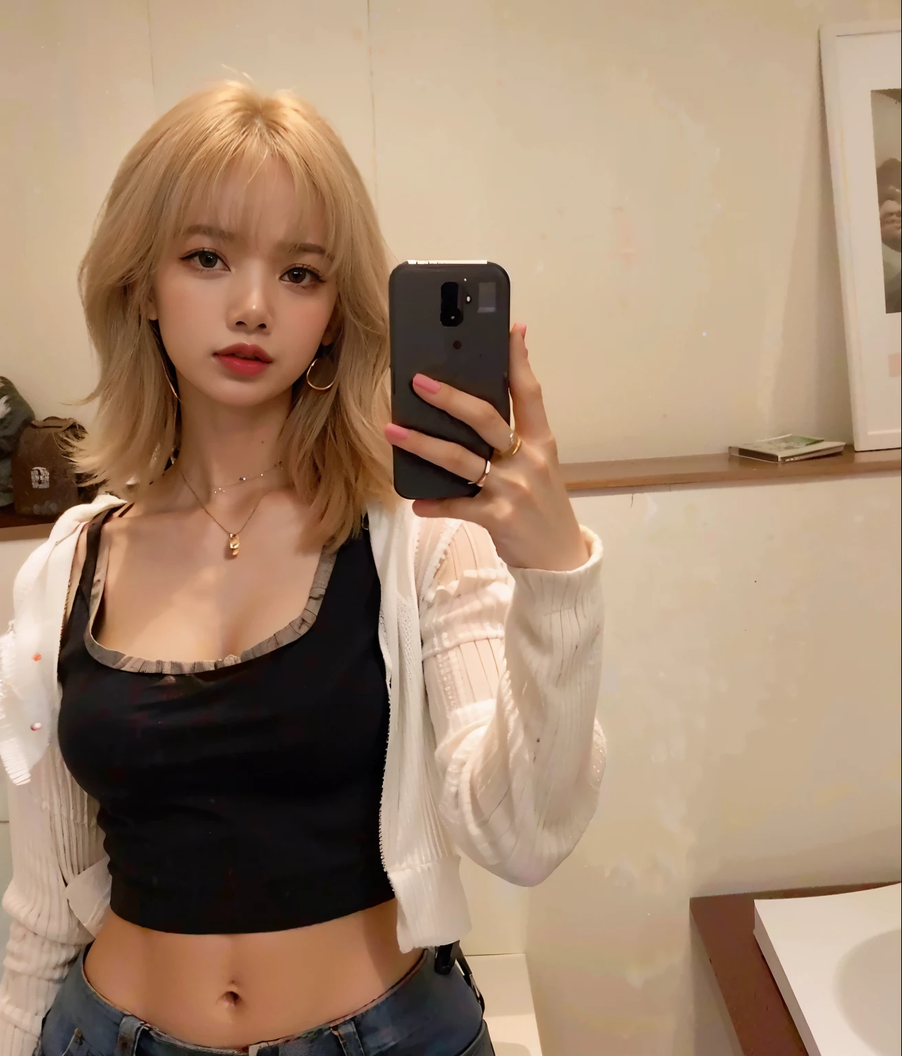 Mulher loira tirando uma selfie em um espelho do banheiro com um telefone celular, imagem vazada, 18 anos de idade, she is wearing a black tank top, Retrato de Lalisa Manobal, bralette, 2 modelo feminino de 4 anos, vestindo uma regata preta cortada, vestindo uma blusa preta cropped, 1 6 anos, Lalisa Manobal