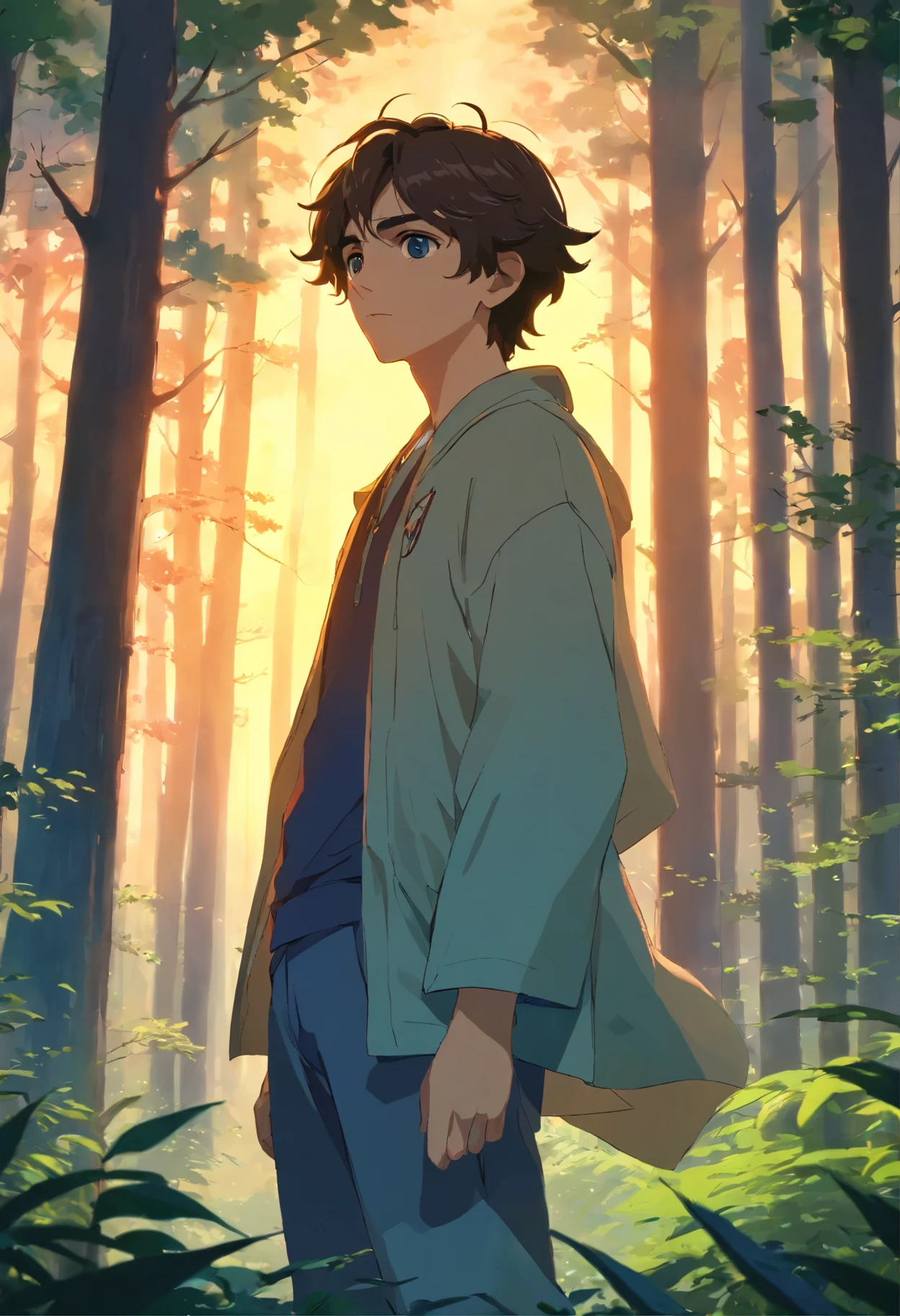 An image of a person, стоящего In the woods с деревьями, Elf vampire, Art, sun behind him, looking majestic In the woods, sun beaming down on him, Twilight, profile shot, In the woods, стоял In the woods, anime curvy john 8k forest, I&#39;m standing in a dark forest, In a beautiful forest, still a quality film, Timothée Chalamet
