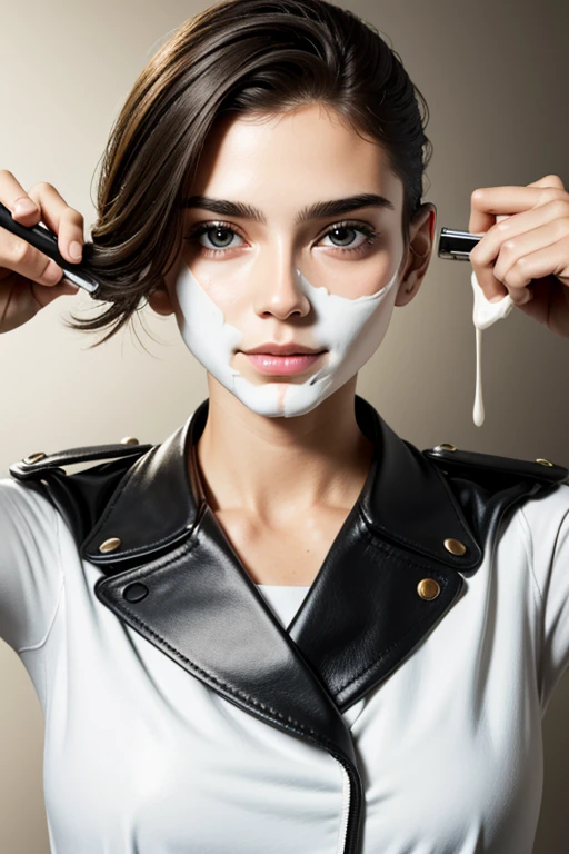 Shaving, shaving cream, leather, safety razor, clothed, women, girl, sexy, face, bust, cream on face