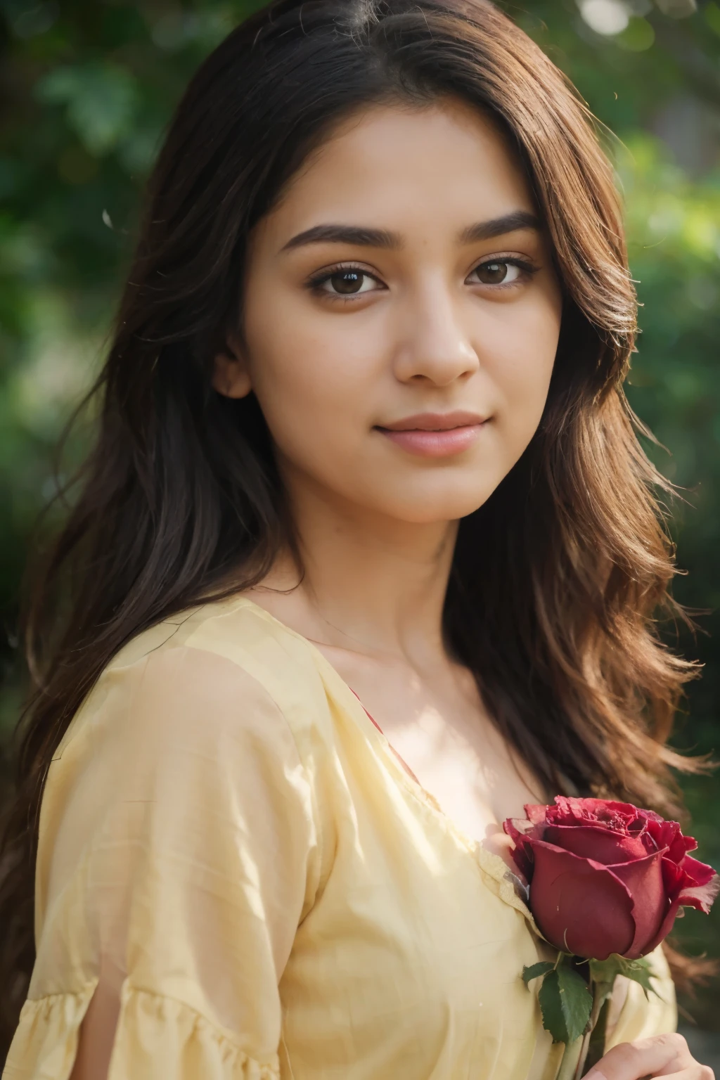 Beautiful ,23 years young Indian girl healthy, confidential looking,8k,realistic, raw photo,dark brown hair, dark skin, indian,long hair,clear facial features,, very detailed, 23years old, innocent face, natural wavy hair, high resolution, masterpiece, best quality, intricate details, highly detailed, sharp focus, detailed skin, realistic skin texture, texture, detailed eyes, professional, 4k, charming smile, shot on Canon, 85mm, shallow depth of field, kodak vision color, perfect fit body, extremely detailed, foto_\(ultra\), photorealistic, realistic, post-processing, maximum detail, roughness, real life, ultra realistic, photorealism, photography, 8k uhd, photography wearing in a yellow dress holding a red rose, actress, with lovely look, traditional beauty, photo taken with nikon d750, photo taken with nikon d 7 5 0, shot with sony alpha 1 camera, mid shot portrait, by Riza Abbasi, portrait shot, wearing a silk kurta, shot with canon eoa 6 d mark ii