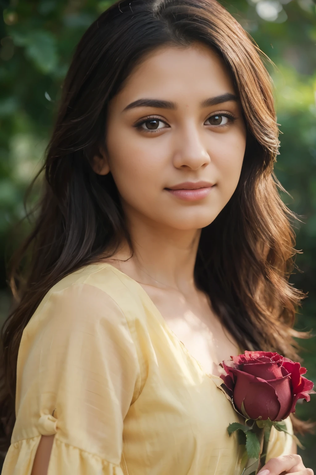 Beautiful ,23 years young Indian girl healthy, confidential looking,8k,realistic, raw photo,dark brown hair, dark skin, indian,long hair,clear facial features,, very detailed, 23years old, innocent face, natural wavy hair, high resolution, masterpiece, best quality, intricate details, highly detailed, sharp focus, detailed skin, realistic skin texture, texture, detailed eyes, professional, 4k, charming smile, shot on Canon, 85mm, shallow depth of field, kodak vision color, perfect fit body, extremely detailed, foto_\(ultra\), photorealistic, realistic, post-processing, maximum detail, roughness, real life, ultra realistic, photorealism, photography, 8k uhd, photography wearing in a yellow dress holding a red rose, actress, with lovely look, traditional beauty, photo taken with nikon d750, photo taken with nikon d 7 5 0, shot with sony alpha 1 camera, mid shot portrait, by Riza Abbasi, portrait shot, wearing a silk kurta, shot with canon eoa 6 d mark ii