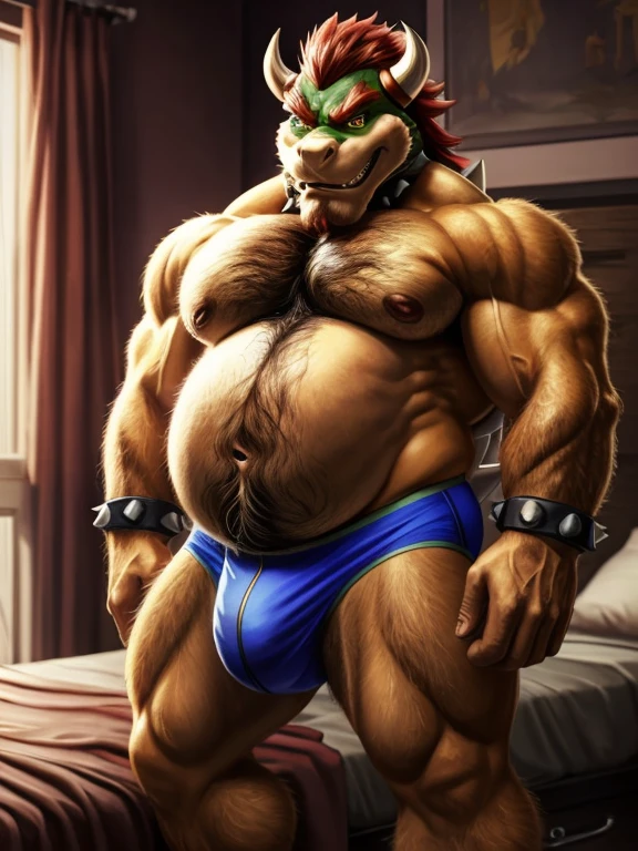 Bowser, beard, daddy, seductor, mirando al espectador, seductive smirk, pecs, big pecs, (posing) macho, masculine, male focus, slightly big belly, de cerca, frontal view, full body, bedroom, sweaty, hairy chest, hairy arms, hairy belly, hairy legs, hairy bush, hairy feet, detailed speedo, big underwear bulge