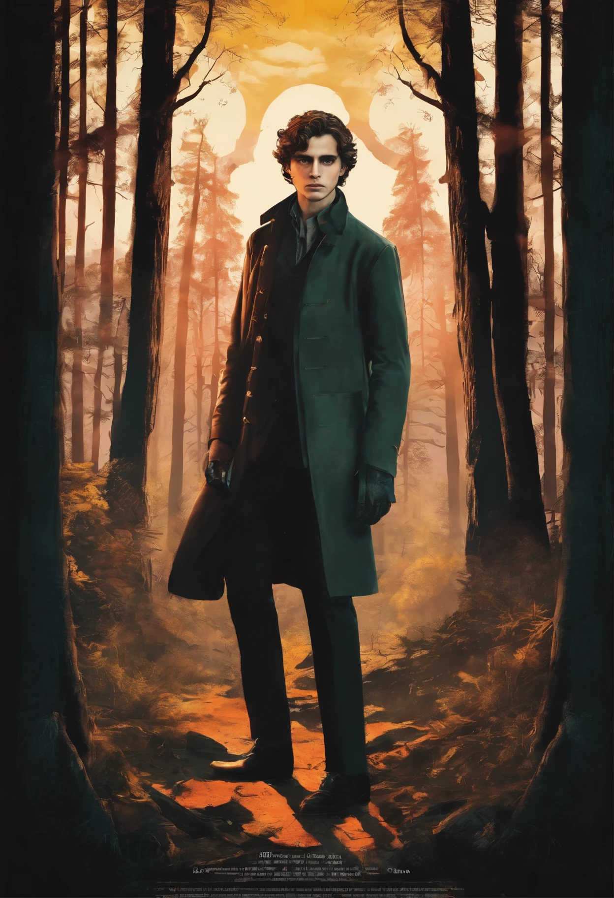 An image of a person, стоящего In the woods с деревьями, Elf vampire, Art, sun behind him, looking majestic In the woods, sun beaming down on him, Twilight, profile shot, In the woods, стоял In the woods, anime curvy john 8k forest, I'm standing in a dark forest, In a beautiful forest, still a quality film, Timothée Chalamet