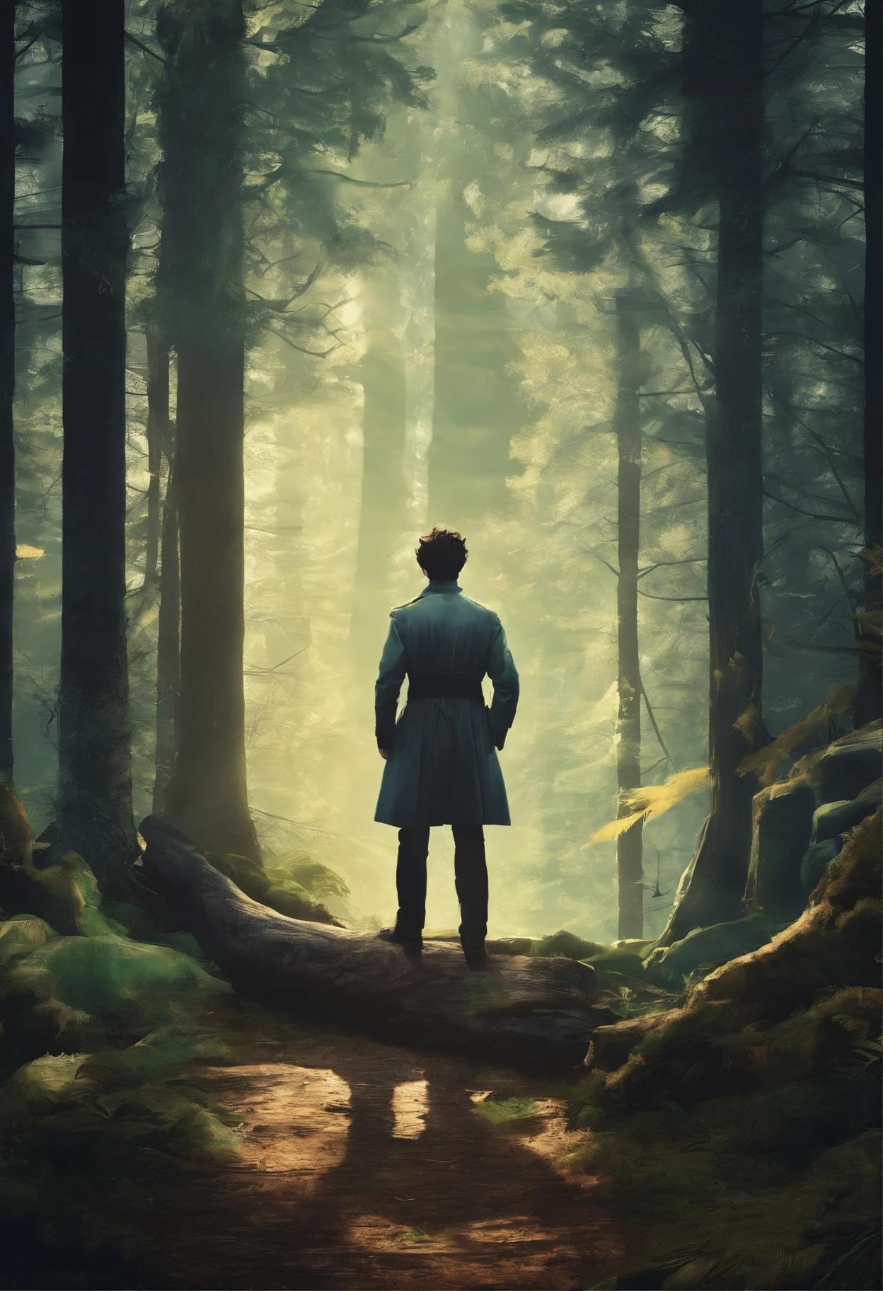An image of a person, стоящего In the woods с деревьями, Elf vampire, Art, sun behind him, looking majestic In the woods, sun beaming down on him, Twilight, profile shot, In the woods, стоял In the woods, anime curvy john 8k forest, I&#39;m standing in a dark forest, In a beautiful forest, still a quality film, Timothée Chalamet