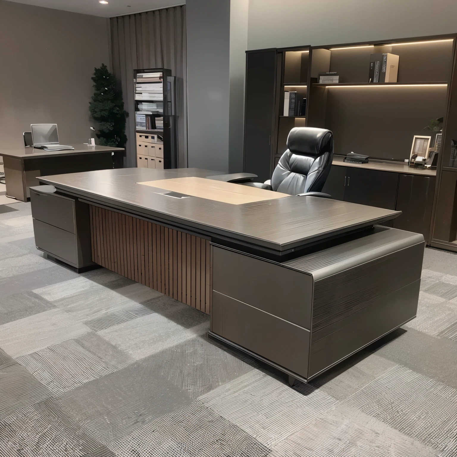 there is a large desk with a chair and a book shelf, big desk, with sleek lines and a powerful, f 2 2, f22, f42, ceo, huge office, high - end, high-end, office furniture, modern office, magnificent design, sleek, luxury furniture, f8, f 8, f 3 2, f32