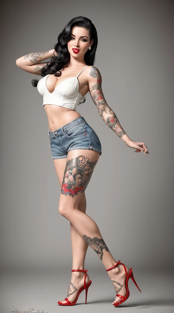 Detailed, realistic depictions of an exuberant 22-year-old woman radiating a distinctive pin-up style. Straight black hair. Transparent sandals with transparent stiletto heels, red top and small, light denim shorts. Full body photography. Very sexy facial expression. Half-back pose, extremely sexy. realist. Although the classic features are present, the pin-up talent is undeniable. Artistic tattoos add a contemporary touch. Their postures and expressions, combined with their pin-up looks, create a fusion between classic vintage and contemporary. White photo studio background, hot session. ultra-realistic photography.