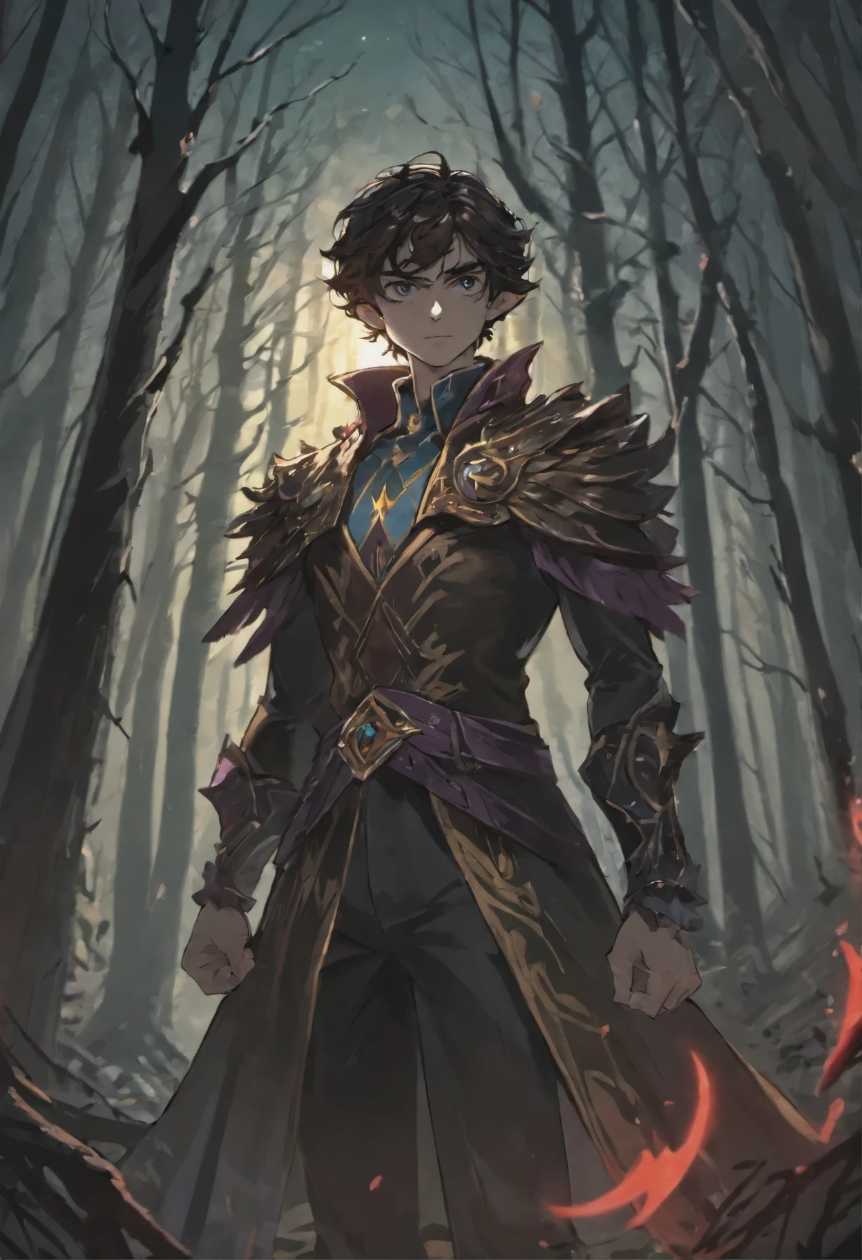 An image of a person, стоящего In the woods с деревьями, Elf vampire, Art, sun behind him, looking majestic In the woods, sun beaming down on him, Twilight, profile shot, In the woods, стоял In the woods, anime curvy john 8k forest, I'm standing in a dark forest, In a beautiful forest, still a quality film, Timothée Chalamet