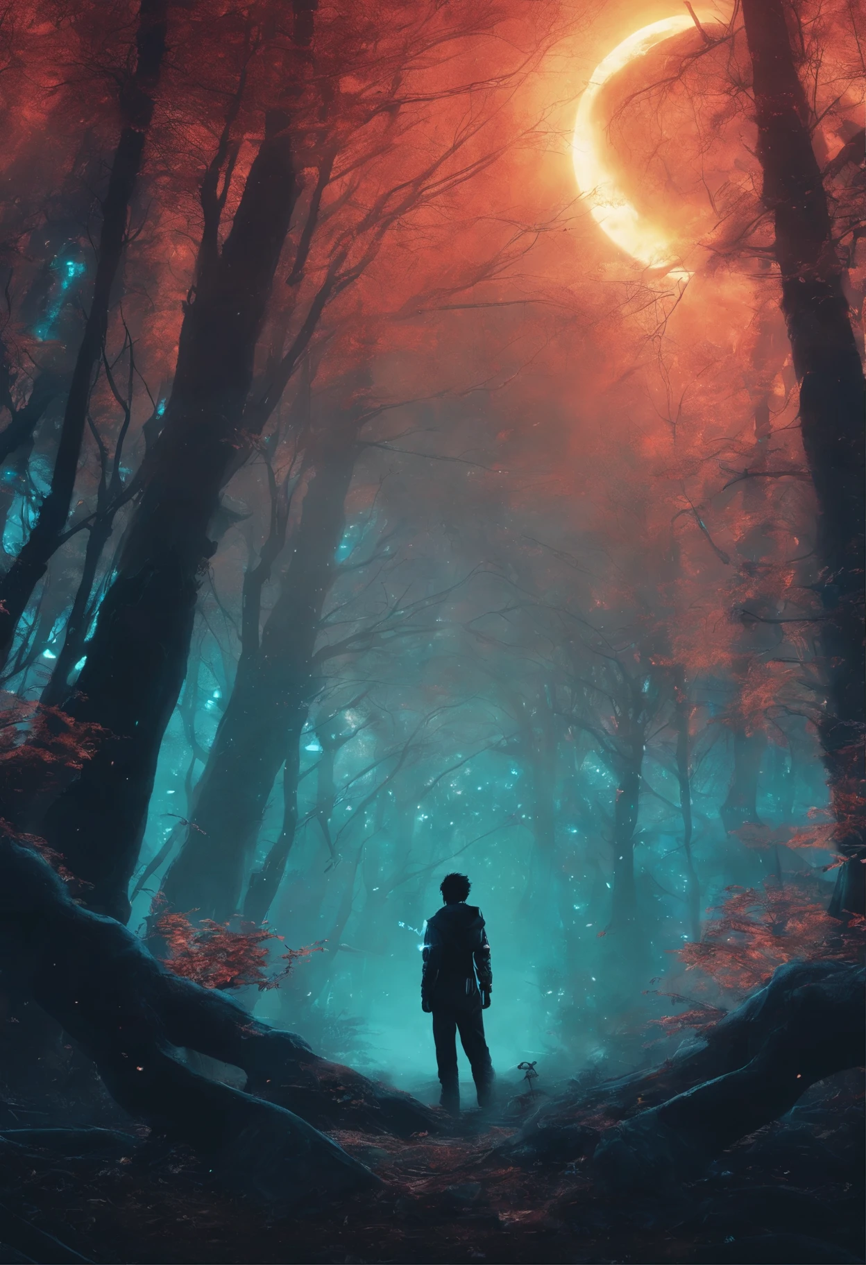 An image of a person, стоящего In the woods с деревьями, Elf vampire, Art, sun behind him, looking majestic In the woods, sun beaming down on him, Twilight, profile shot, In the woods, стоял In the woods, anime curvy john 8k forest, I&#39;m standing in a dark forest, In a beautiful forest, still a quality film, Timothée Chalamet
