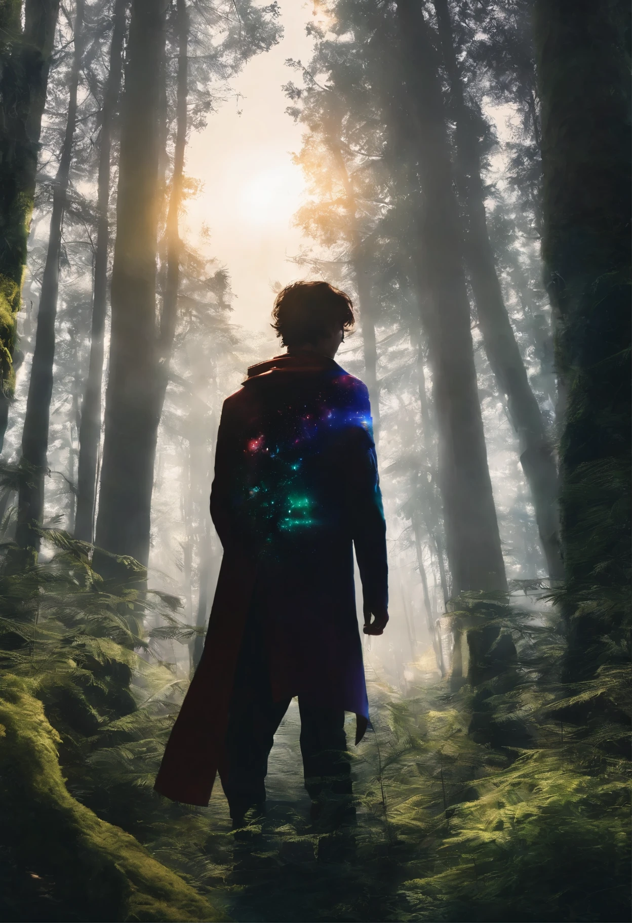 An image of a person, стоящего In the woods с деревьями, Elf vampire, Art, sun behind him, looking majestic In the woods, sun beaming down on him, Twilight, profile shot, In the woods, стоял In the woods, anime curvy john 8k forest, I&#39;m standing in a dark forest, In a beautiful forest, still a quality film, Timothée Chalamet