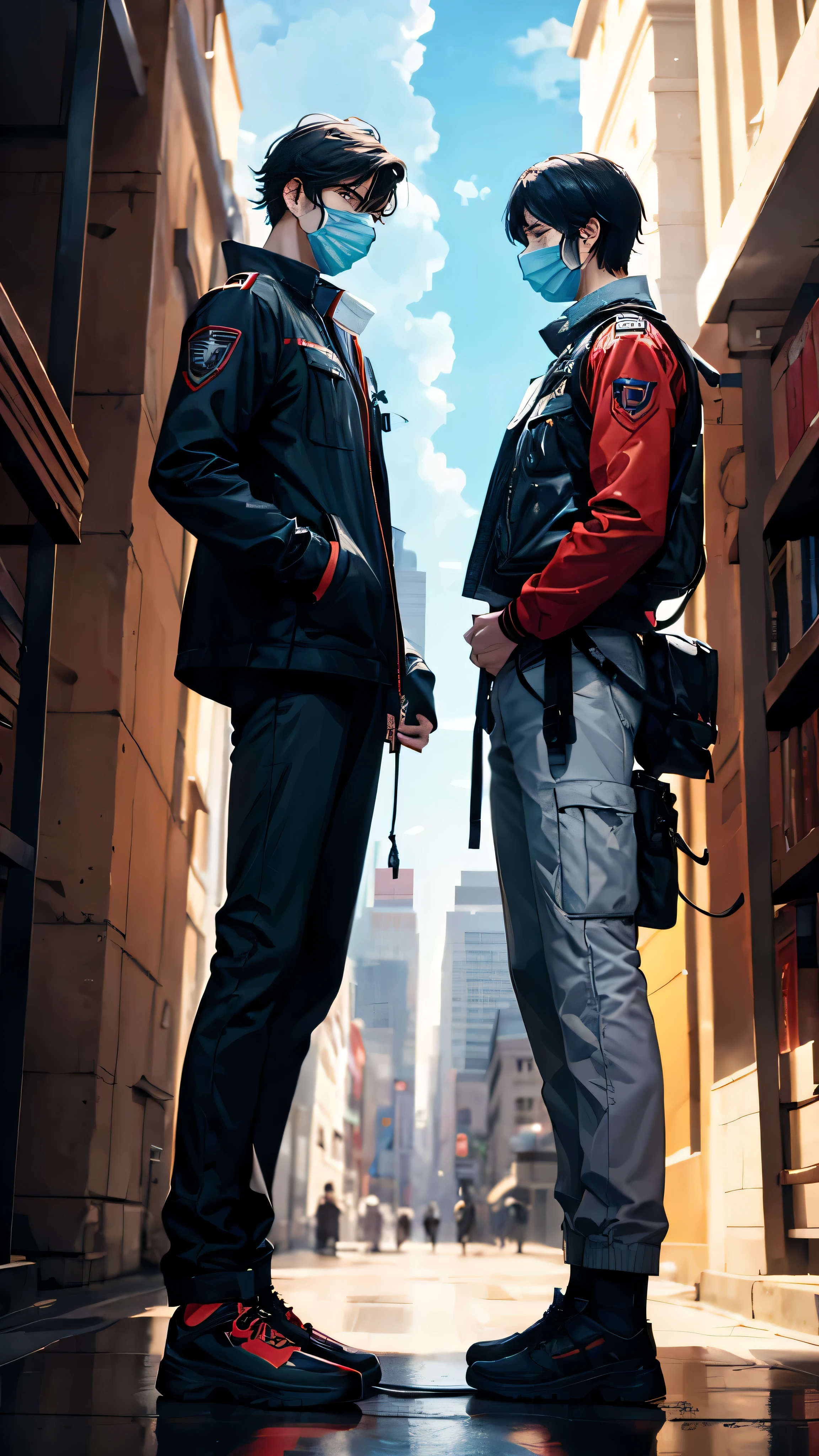 (Horizontal light and shadow, ultra high definition, higher, super detailed,masterpiece，many details)（daytime）((Two tall men are chatting&#39;Shoulder,1.5))，uniform on fire，standing on the street，close shot