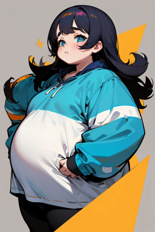 ((beste-Qualit, tmasterpiece)),
a 1girl, beste-Qualit,tmasterpiece,hairlong,white hoodie,white shorts,Brown hair,blue bangs,yellow eyes, pregnant, navel peeking under hoodie