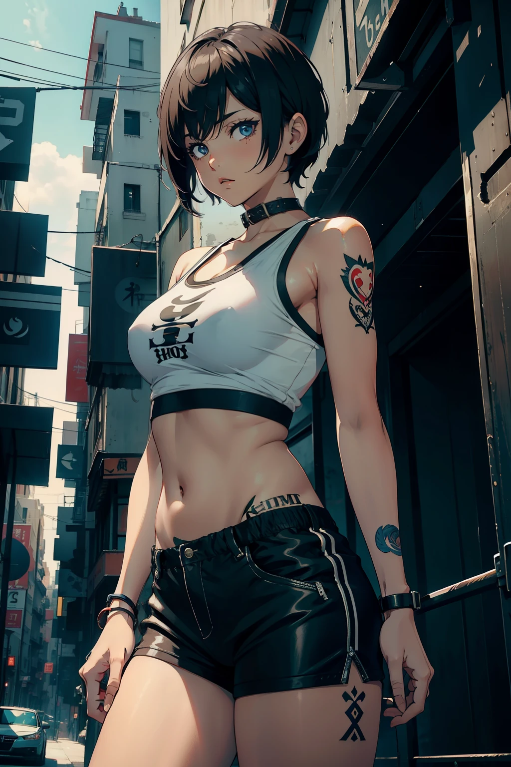 Short-haired girl, pelo rubio, Corte de pelo KOF benimaru, ojos azules, Brazo tattoed con truenos, tatuajes de trueno ?????, camiseta blanca sin mangas, Pantalones de letras negras, en una ciudad, en una tormenta, noche, truenos en el cielo