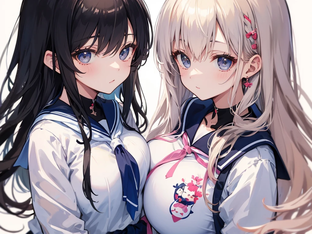 super fine illustration,masterpiece,best quality,ultra detailed,2girls,yuri,look at each other,eye contact,(sheer sailor school uniform:1.4),short sleeves,(covered nipples:0.9),breasts ,press against breasts,large breasts,medium hair,blush,shy,（super beatiful detailed big eyes：1.3）,(beautiful gray eyes), (from above:1.5),(looking at camera :1.5),(open mouth,orgasm;1.2)