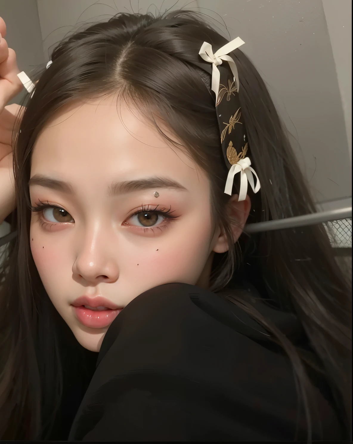 a close-up of a woman with a hairband on her head, jennie blackpink, Ulzzang, lindos olhos redondos e inclinados, adorable and pale korean face, maquiagem sul-coreana popular, young lovely korean face, portrait of jossi do blackpink, maquiagem coreana popular, coreana, young pale and beautiful asian face, jaeyeon nam, jossi do blackpink, Korean facial features