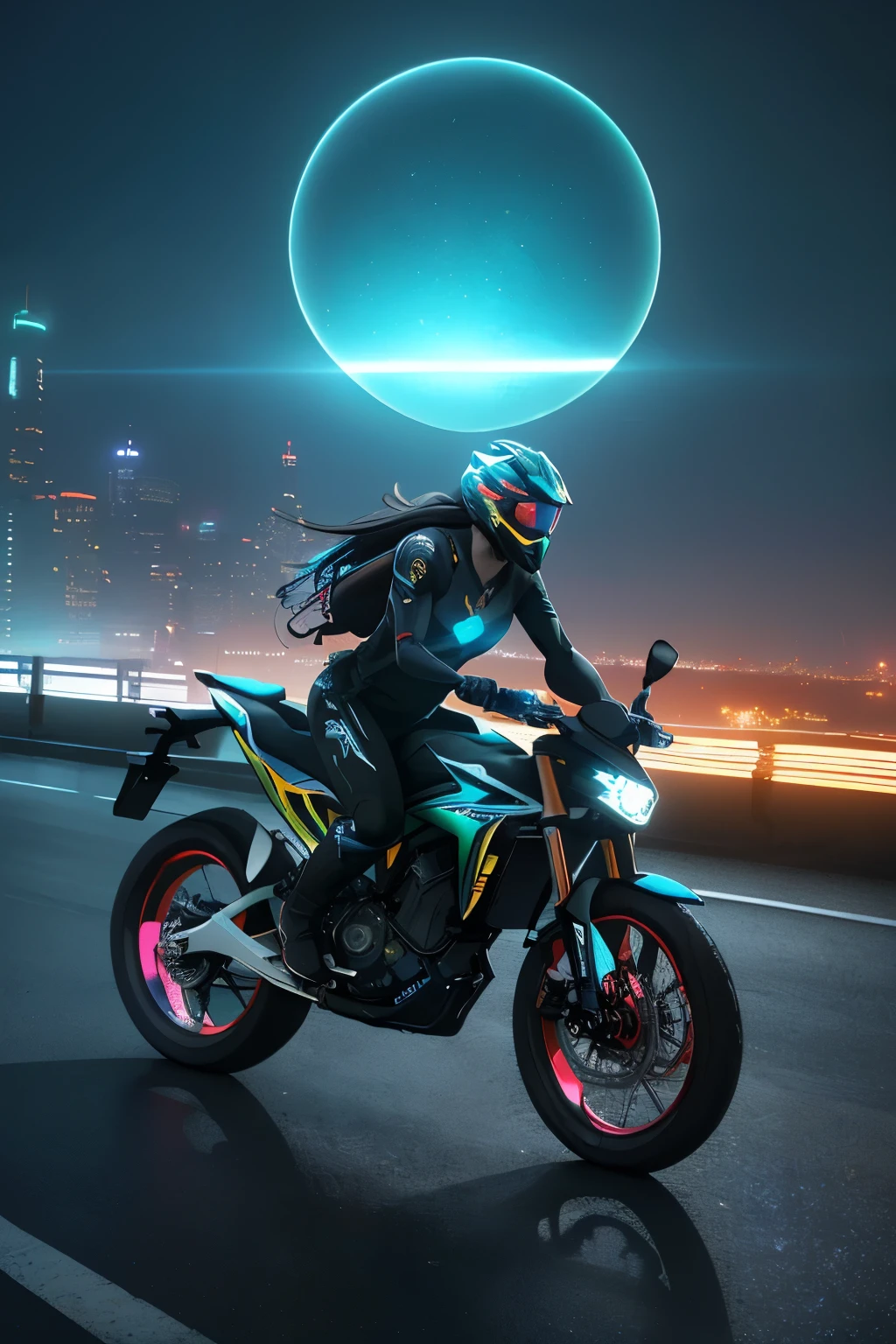 (Best quality, RAW photo), (realistic, photo-realistic: 1.3), highly detailed, masterpiece, ultra-detailed, illustration, dynamic angle, USD suspension bike, vibrant glow light, mesmerizing visual effects, stunning 8k wallpaper, cinematic lighting, lens flare, futuristic, futuristic cityscape, glowing neon lights, best quality, ultra-realistic, breathtakingly detailed, intricate, ink-like shadows, mesmerizing color palette, dynamic pose, sleek and modern design, cutting-edge technology, illuminated spokes, surreal atmosphere, captivating energy, realistic reflections, meticulous attention to detail.