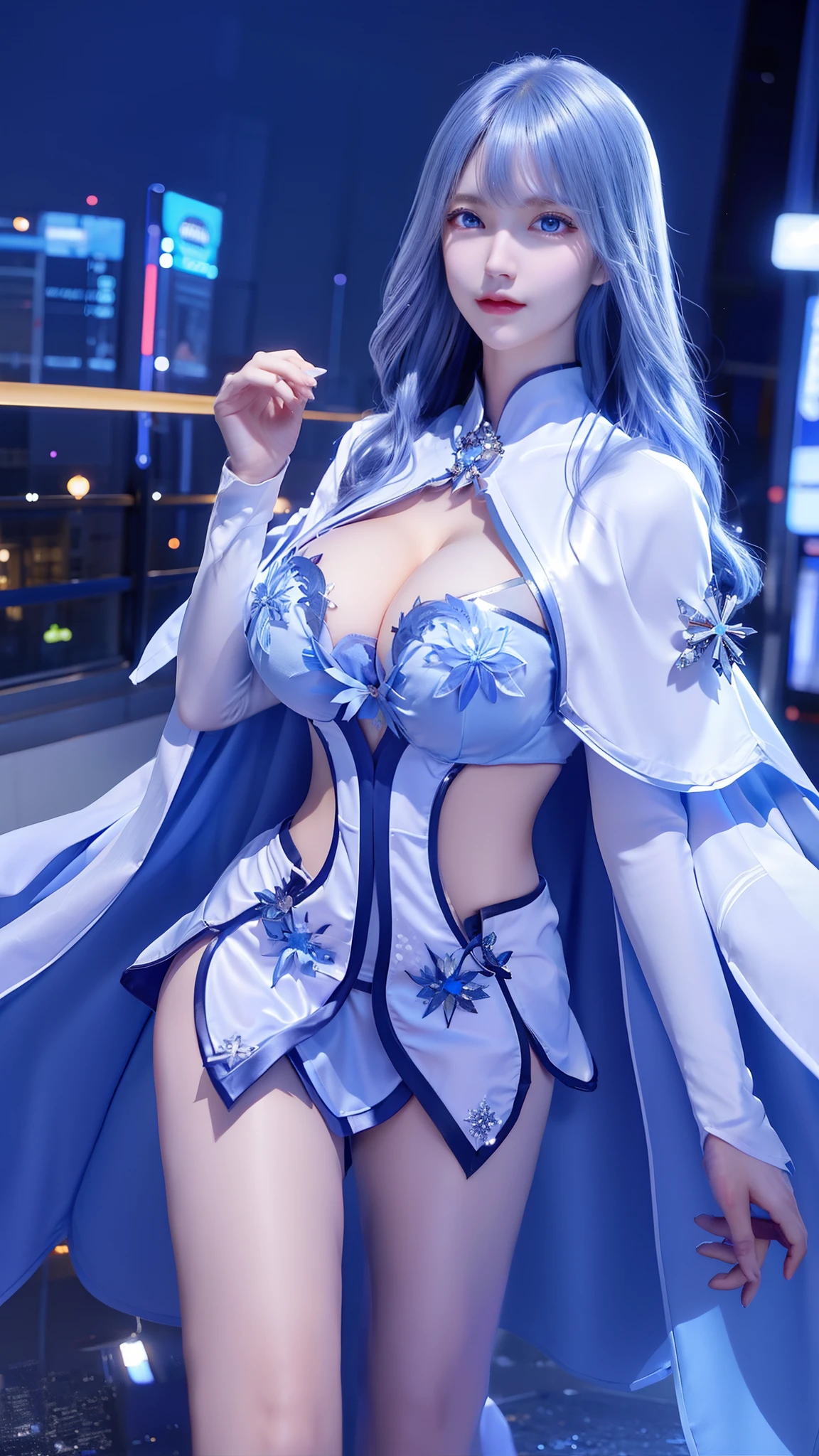 1 girl,adult, cityscape, night,looking at the audience, blue eyes,short skirt,Medium to long white hair, blue hair,cape, white pantyhose,snowflake, floral, jewelry, gem,shining, thigh strap,huge 、huge breasts,4K screen,Dancing,exposing her chest、Show breasts,暴exposing her chest,暴Show breasts,暴Show breasts,Exposing cleavage,Exposing cleavage,
