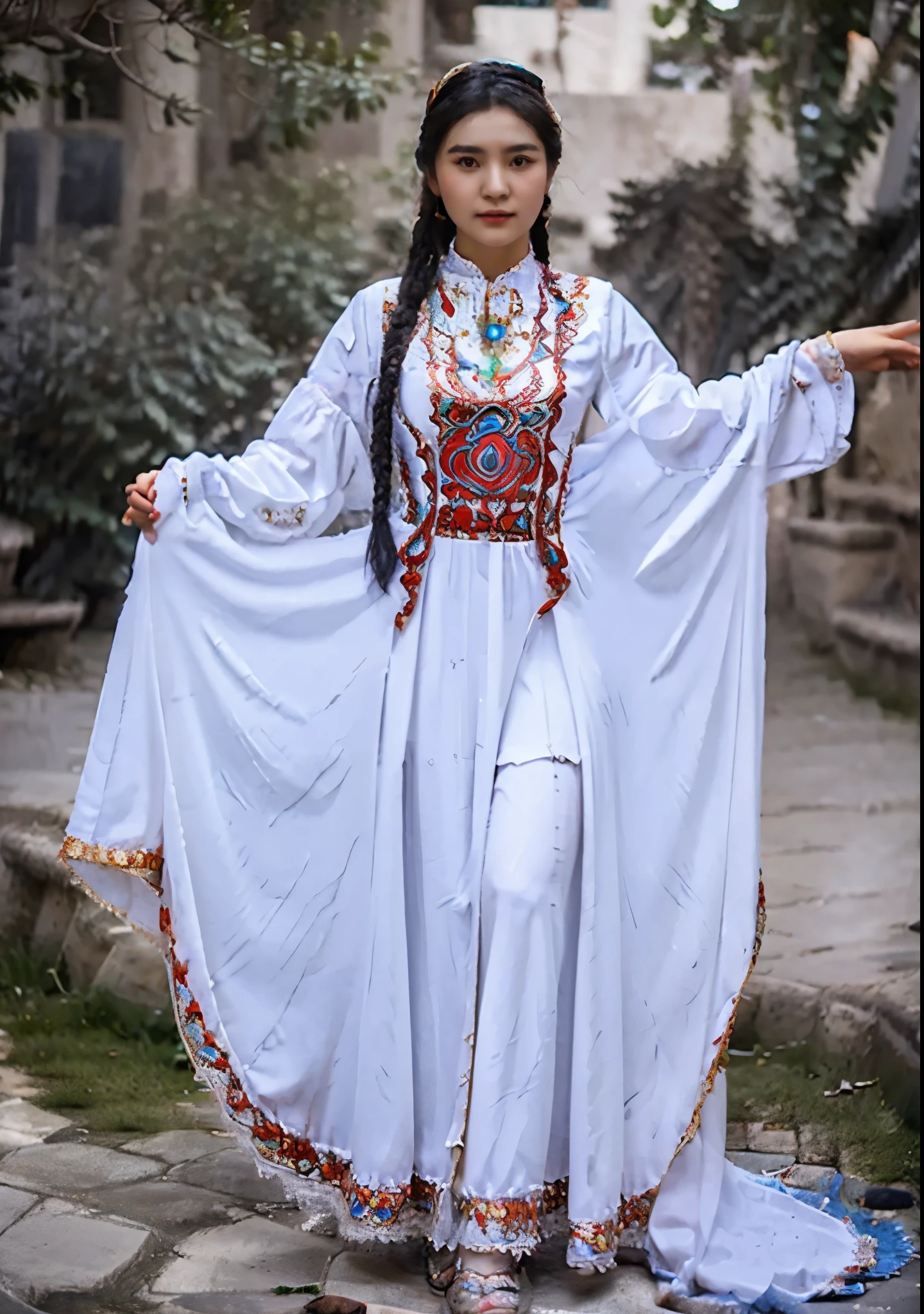 A full body photo of a young girl wearing white Uyghur style clothing, a white dress, adorned with jewelry, gorgeous and eye-catching, with the correct body structure, clear facial features, real pleats, and real skin texture