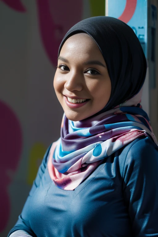 Digital drawing, brenizer effects, splash paint, young woman with smile face, big bosom, over the shoulder pose, long pastel hijab with printed baju kurung, background digital art graffiti on black wall, ultra details any aspect of drawing, UHD 8K