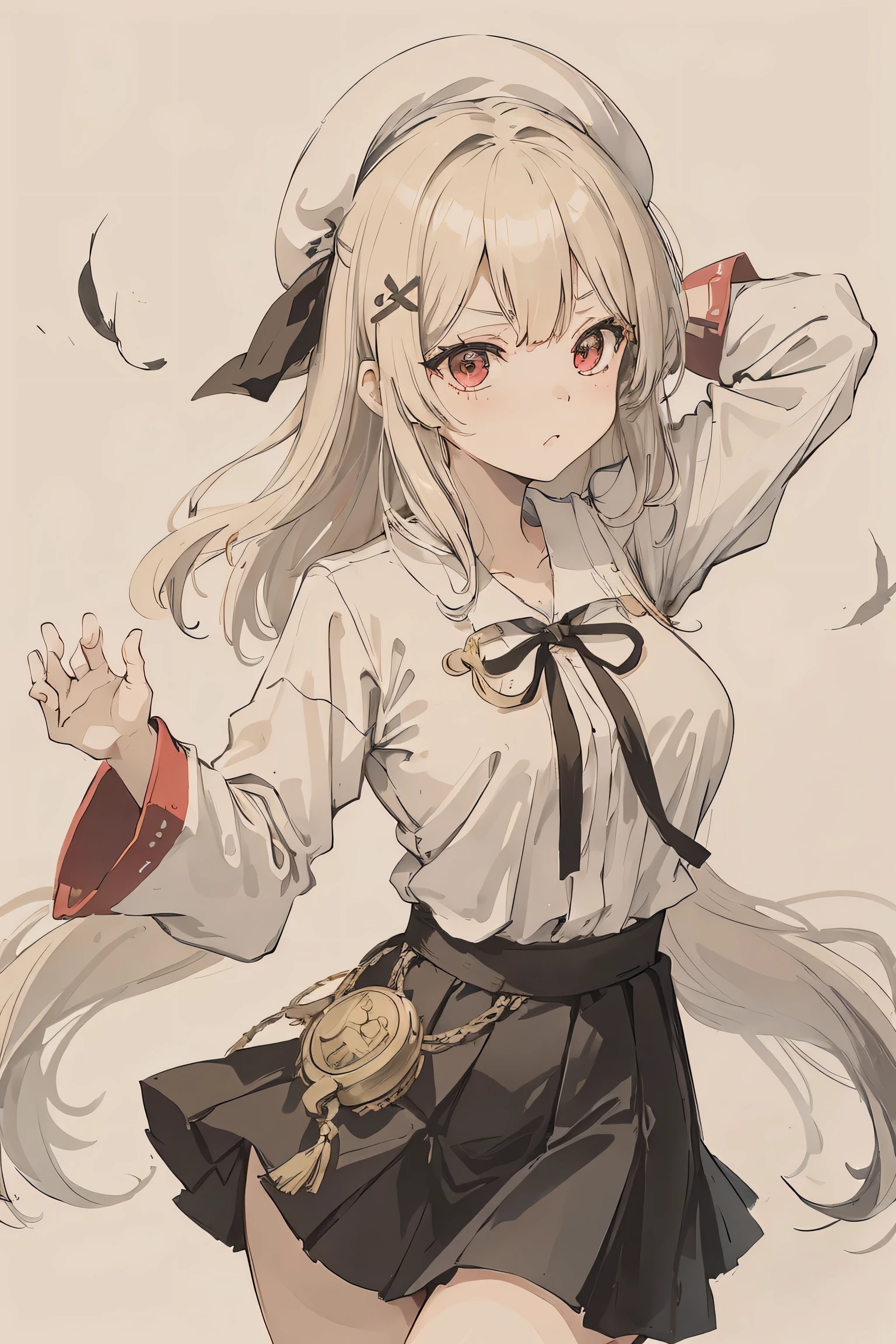 sparrow, two girl, twin, a silver haires girl, a blonde haired girl, wearing a priestess clothes, medium hair, messy hair, black skirt, white shirt, slim body, medium breasts, she close her left eye, shirt ornament, lolippai, white beret, angry face, beautiful breasts, rounded breasts, red eyes, miniskirt, praying pose,
