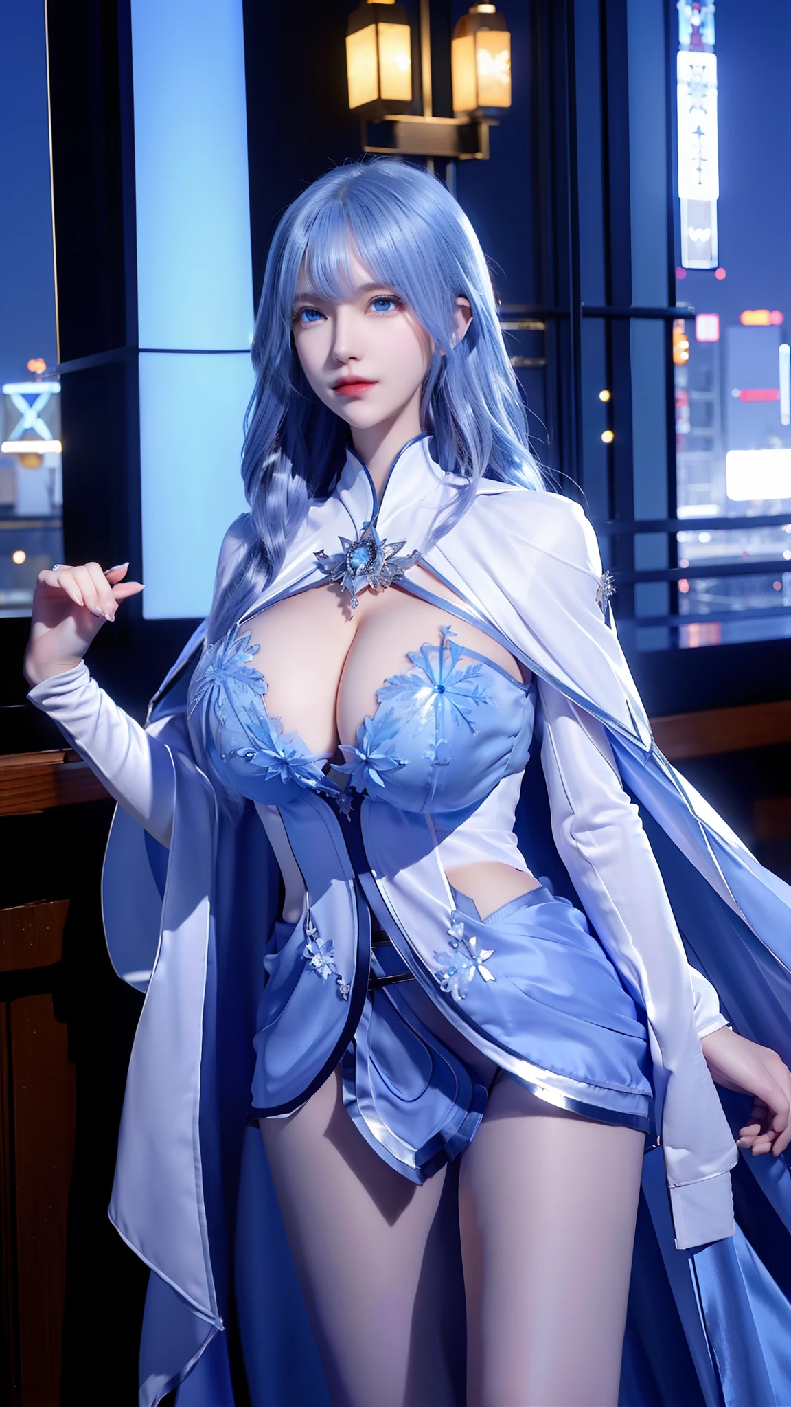 1 girl,adult, cityscape, night,looking at the audience, blue eyes,short skirt,Medium to long white hair, blue hair,cape, white pantyhose,snowflake, floral, jewelry, gem,shining, thigh strap,huge 、huge breasts，4K screen，Dancing，exposing her chest、Show breasts，暴exposing her chest，暴Show breasts，暴Show breasts，Exposing cleavage，Exposing cleavage，