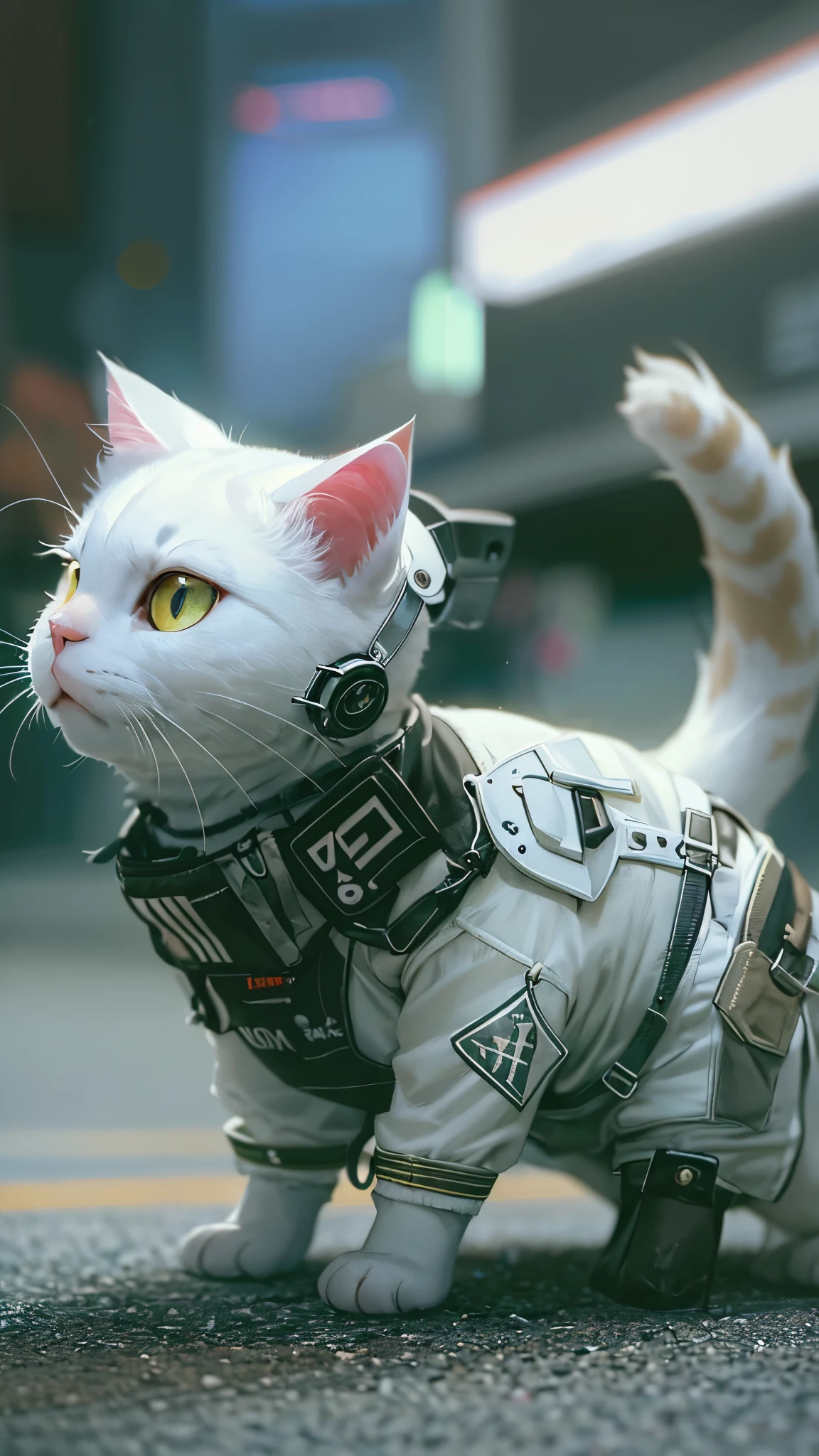 (cute white cat: 1.5), standing, cute, wearing a cyberpunk costume