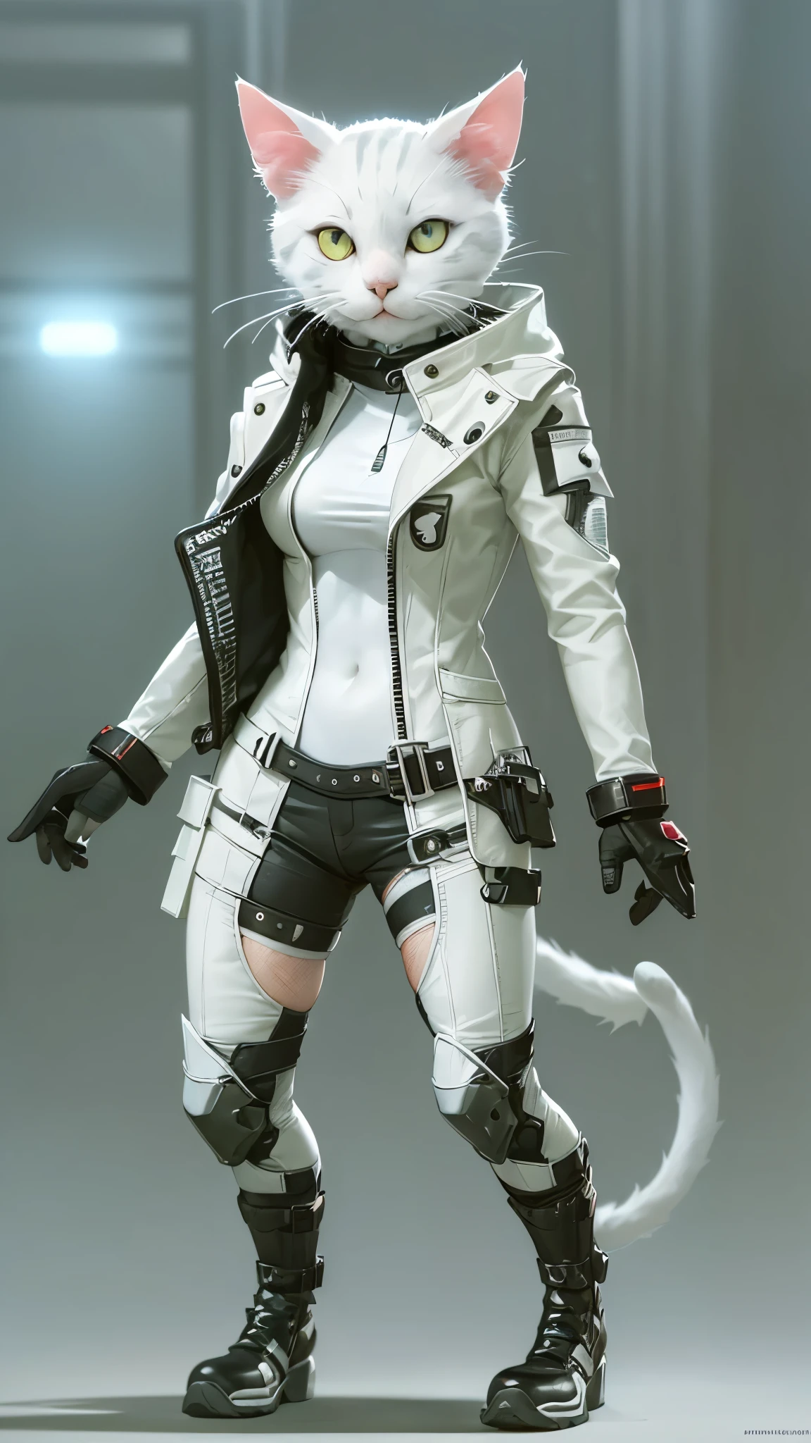 (cute white cat: 1.5), standing, cute, wearing a cyberpunk costume