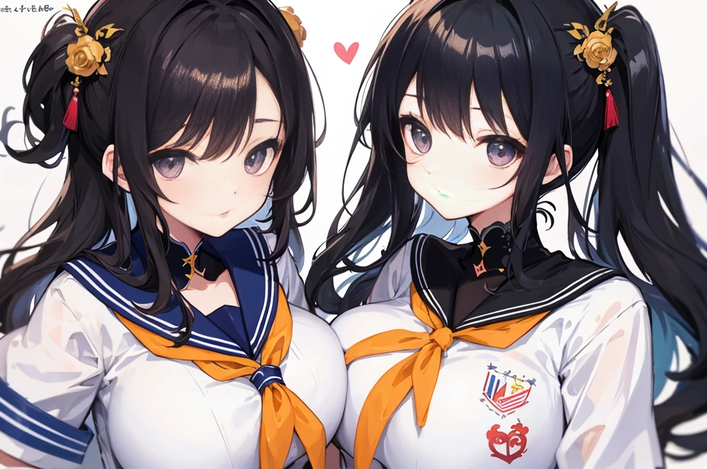 masterpiece、highest quality、detailed、High resolution、very delicate and beautiful、simple background、upper body close-up、Beautiful teenage girl、huge breasts,cute hairstyle,sailor suit, Uniforms with cute designs、multiple women、5 women、Purikura style