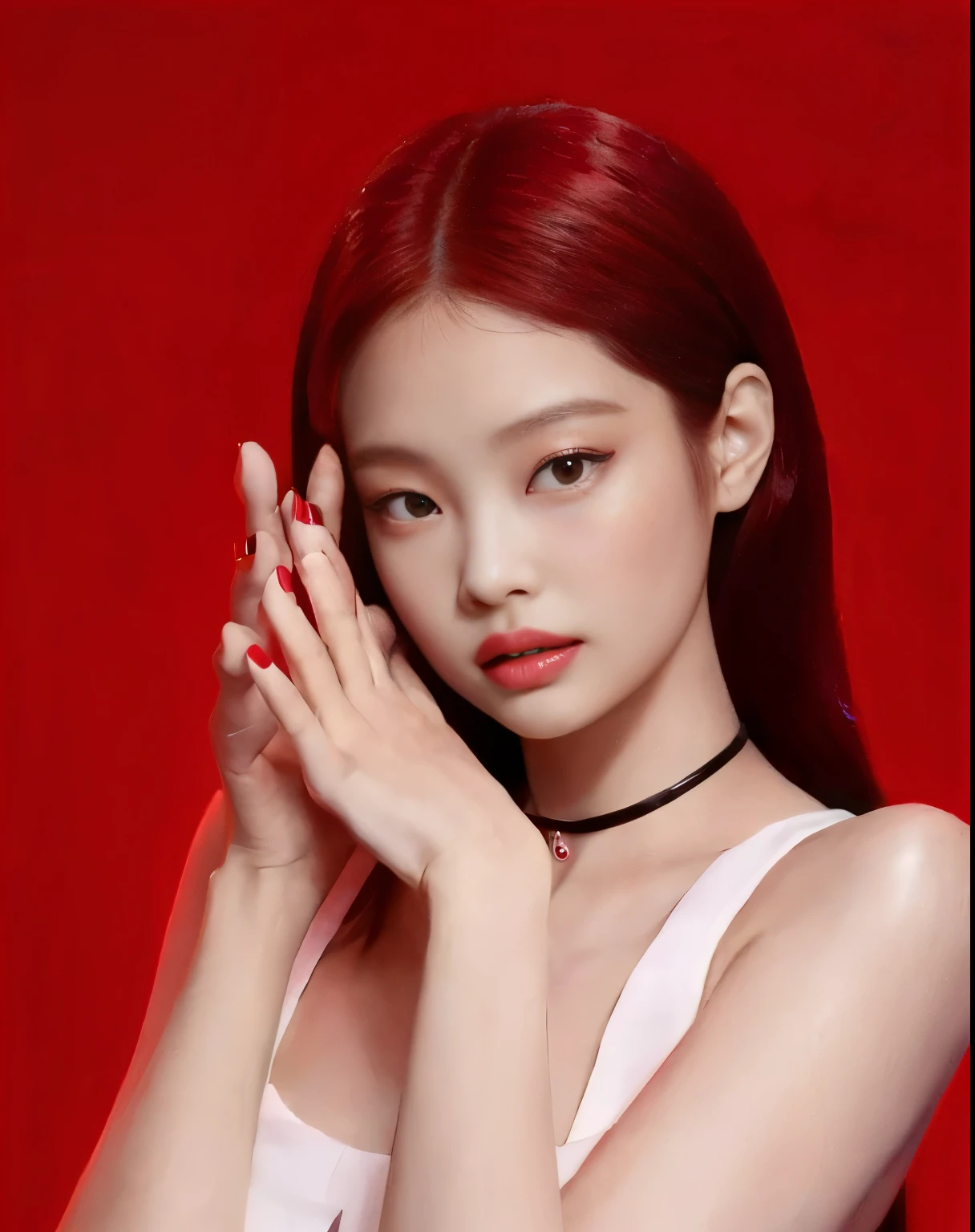 un primer plano de una mujer con el pelo rojo y un estrangulamiento, jennie rosa negro, portrait of jossi de blackpink, terciopelo rojo, parque roseanne de blackpink, jossi de blackpink, tono rojo, color rojoed, color rojo, demasiado rojo, rojo vibrante, strong tono rojo, very color rojos, gongbi, aparcar desde-min, tono rojos